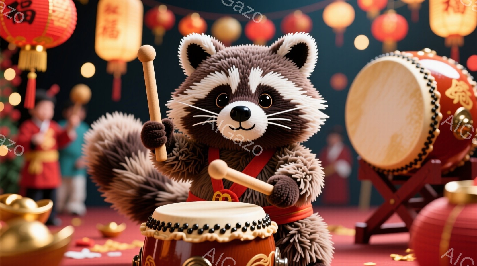アライグマが太鼓を演奏しており、赤い胴衣を着ています。その表情は楽しそうで、力強く太鼓を叩く姿勢をとっています。背景にはぼやけた赤い提灯と、金色の紙吹雪が散りばめられており、お祭りや祝賀の雰囲気を醸し出しています。