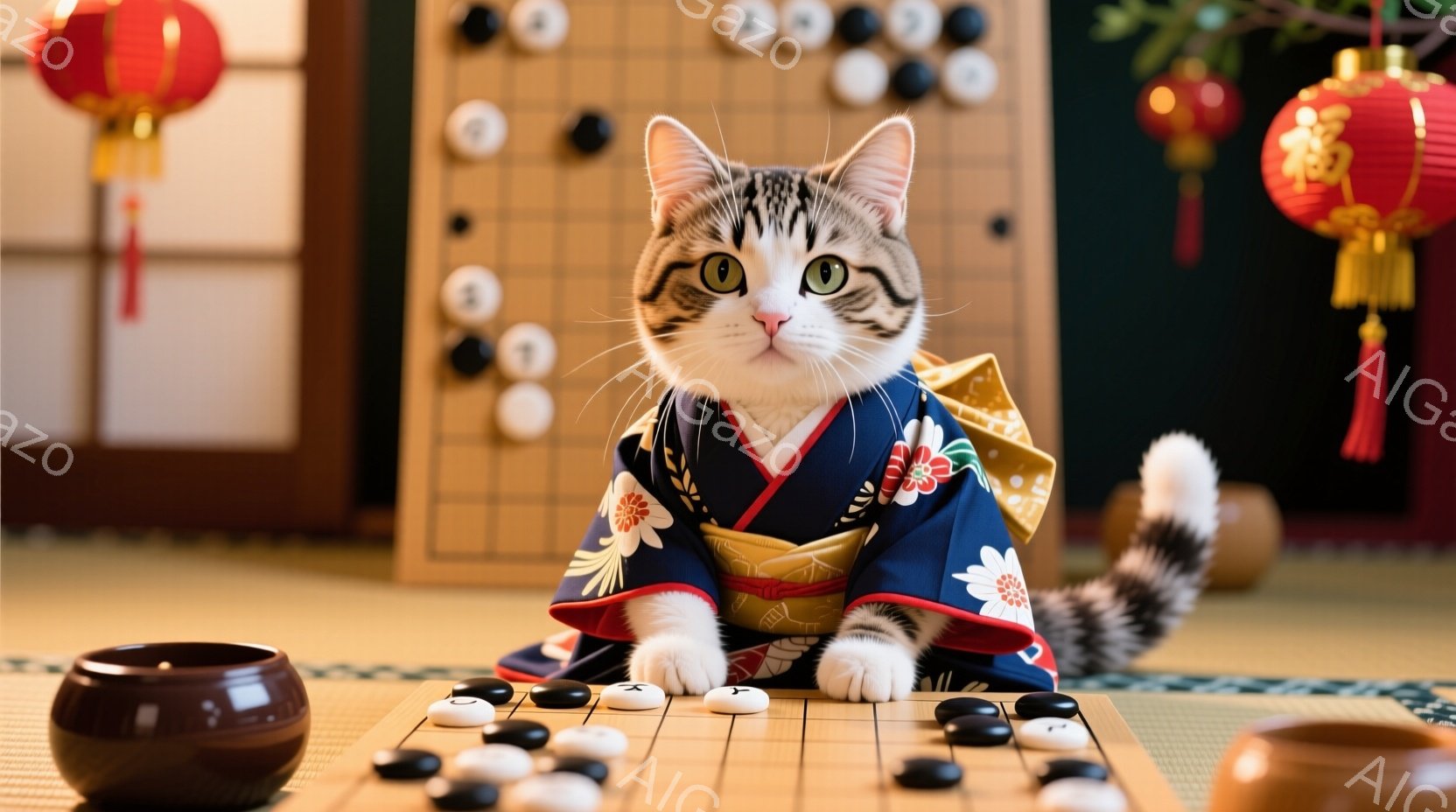 白地に縞模様の猫が、美しい青色の着物を着て、碁盤の前に座っています。猫は前足を前に伸ばし、真剣な表情で碁石を見つめており、背景には赤い提灯と碁盤が配置されています。全体的に、猫の可愛らしさと伝統的な日本の雰囲気が調和した、落ち着いた印象を与えます。