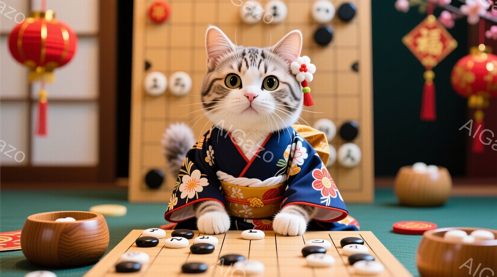 縞模様の猫が、鮮やかな藍色の着物を着て、盤面に座っています。着物には大きな黄色い花が描かれており、猫の頭には赤い飾り紐と花飾りが付いています。背景には、緑色の絨毯、碁石、提灯、そしてぼやけた和室の壁が見え、全体的に穏やかで趣のある雰囲気が漂っています。