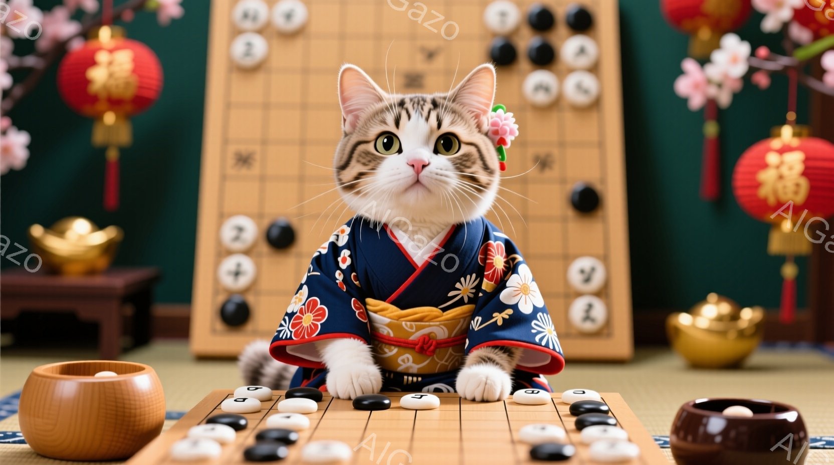 ぬいぐるみであるうさぎとハムスターが、畳の上に置かれた数字のタイルを使ったゲームをしています。うさぎはピンクの頬で微笑み、ハムスターは少し困ったような表情でタイルを見つめています。背景は伝統的な和室の畳で、暖かく落ち着いた雰囲気が漂っています。