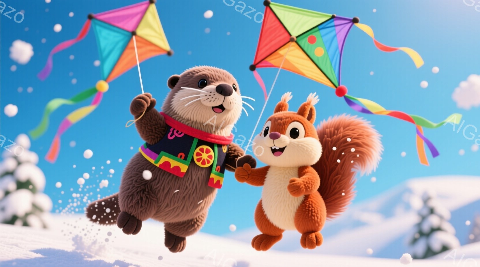 明るい雪景色の中で、カワウソとリスが嬉しそうに空中でジャンプしています。カワウソはカラフルなストライプのセーターを着用し、リスは毛皮のふわふわした尾を持っています。背景には雪に覆われた山々と、雪片が舞う青い空が広がっており、全体的に暖かく楽しい雰囲気が漂っています。