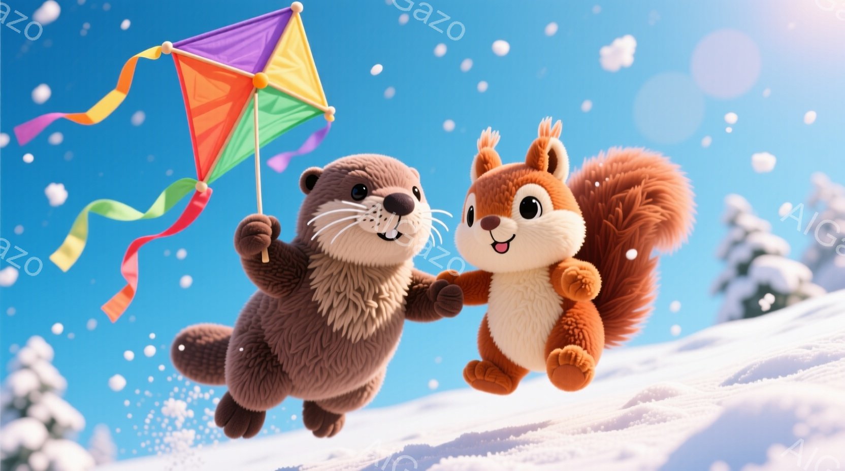 雪景色の中、カワウソとリスが楽しそうにジャンプしています。カワウソはカラフルな凧を持っており、リスは嬉しそうな笑顔を浮かべています。背景には雪に覆われた丘と木々が見え、冬の晴れた日の暖かく楽しい雰囲気が漂っています。