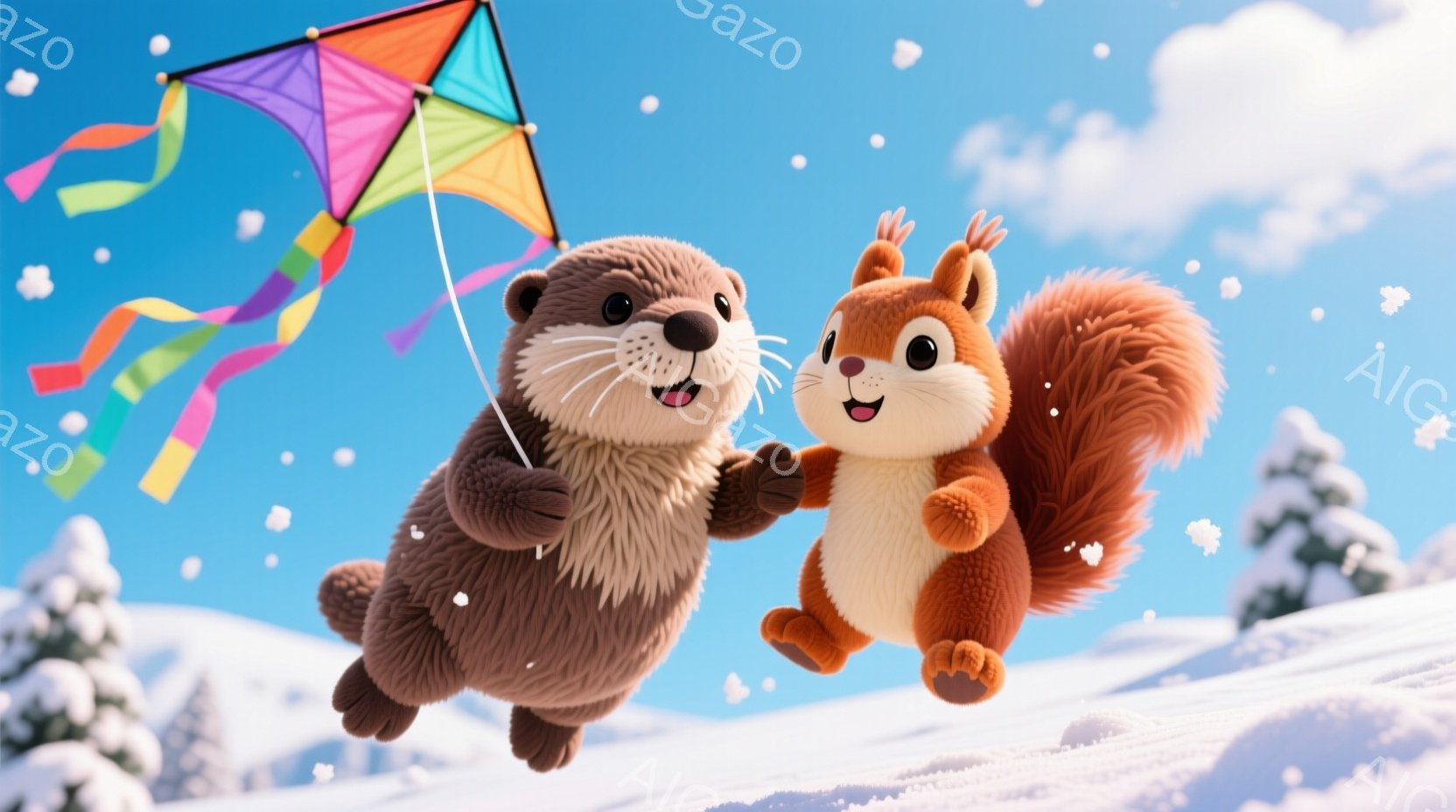 雪景色の中で、カワウソとリスが楽しそうに空中で飛び跳ねています。カワウソは明るい笑顔で、色とりどりの凧の糸を握っており、リスもまた嬉しそうに飛び跳ねています。背景には雪を頂いた山々と青空が広がり、冬の暖かく楽しい雰囲気を醸し出しています。