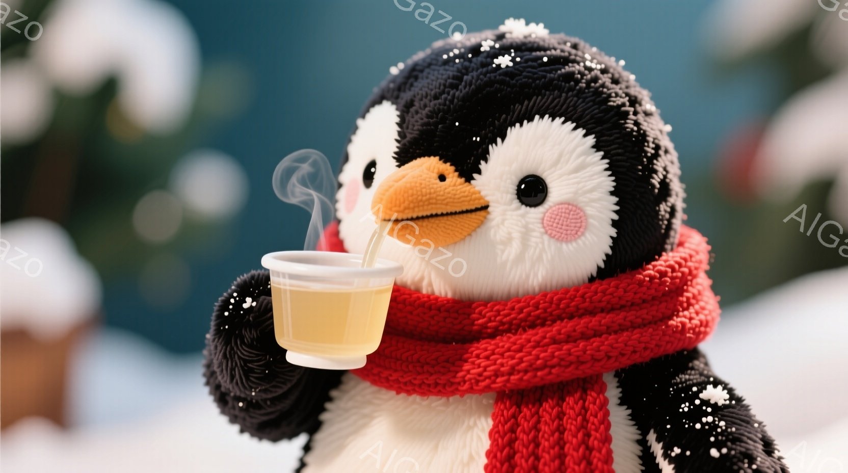 ふわふわのペンギンが赤い編みマフラーを巻き、温かい飲み物が入った小さなカップを両手で持っています。ペンギンの表情は穏やかで、ほほにはほんのりとした赤みが差し、冬の寒さを忘れさせるような温かい雰囲気が漂っています。背景にはぼやけた木々と雪が舞う冬景色が広がり、静かで優しい印象を与えます。