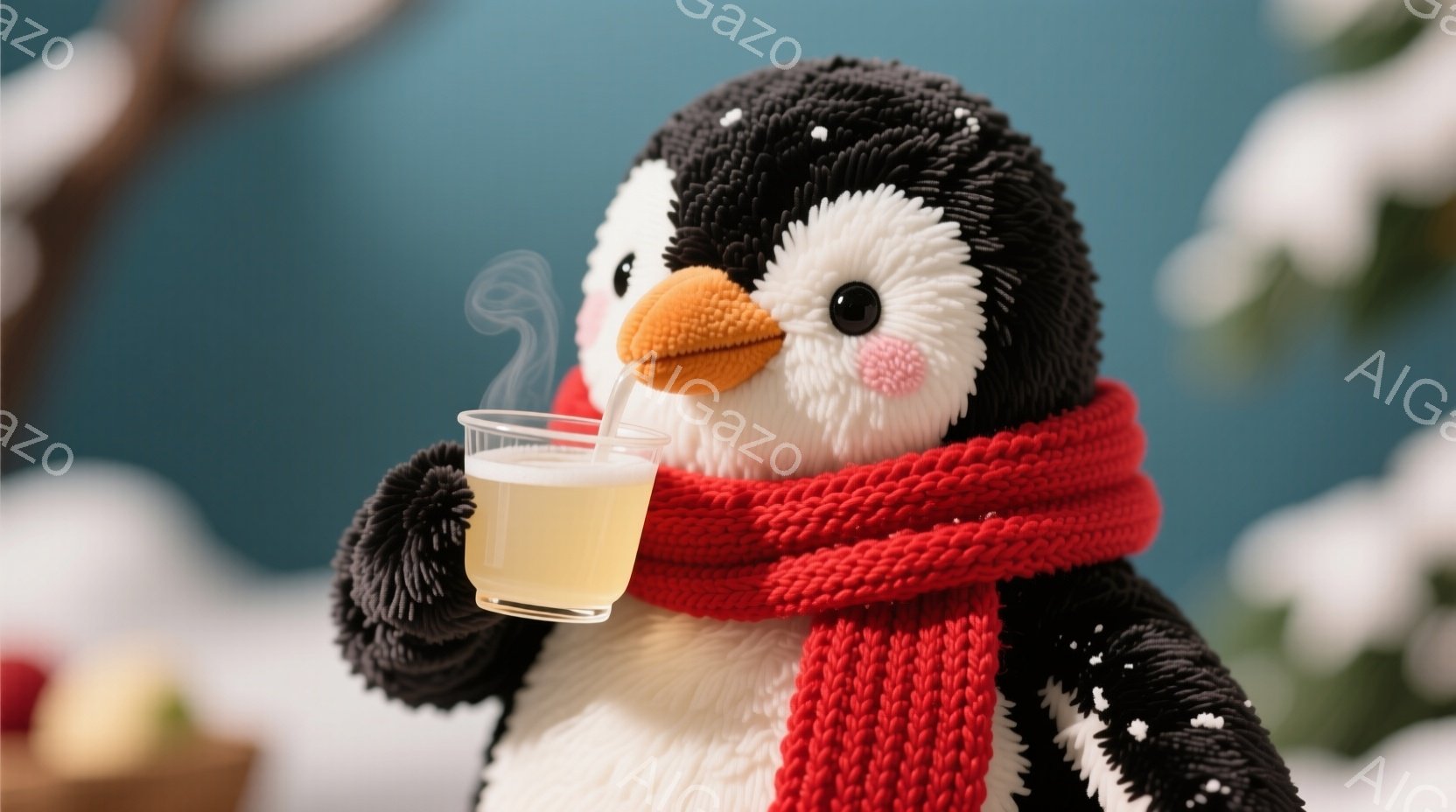 ふわふわのペンギンが赤いマフラーを巻いて、温かい飲み物を楽しんでいます。ペンギンは可愛らしい表情で、片手でグラスを持ち、湯気が立ち上る飲み物を味わっているようです。背景には雪景色が広がり、穏やかで温か - AI生成フリー素材