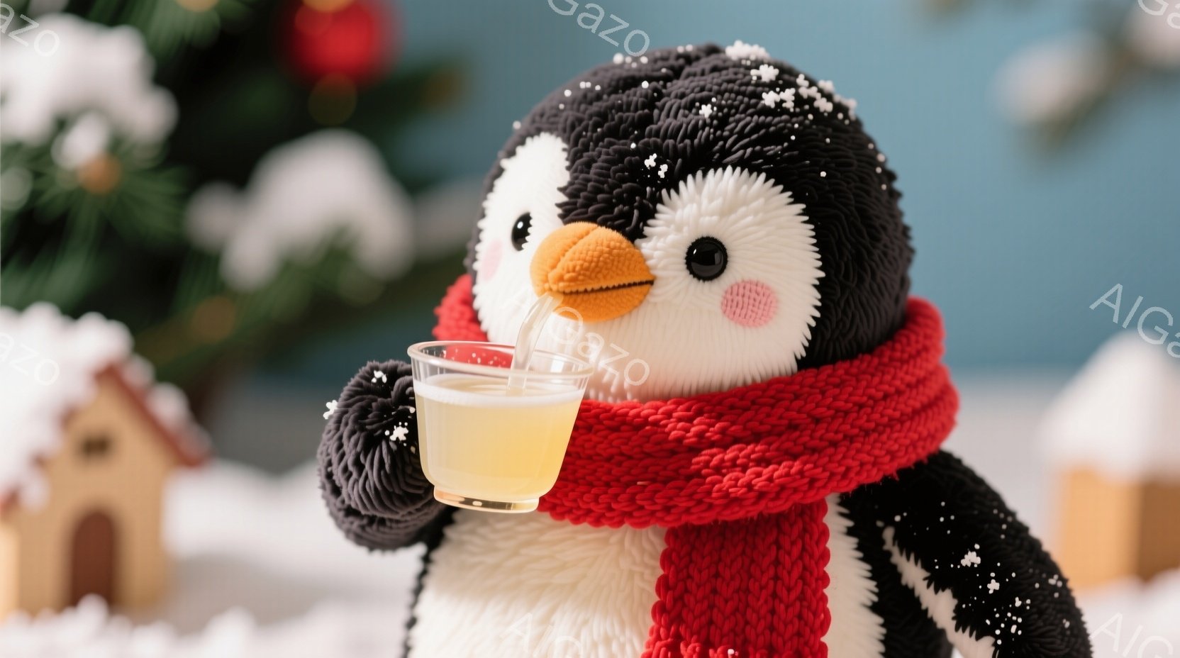 ふわふわのペンギンが赤い編み物のマフラーを巻き、暖かい飲み物が入ったグラスを両手で持っています。背景には雪景色の中に可愛らしい家々が並び、クリスマスツリーの一部が見えます。全体的に温かく、ほっとするような冬の雰囲気が漂っています。