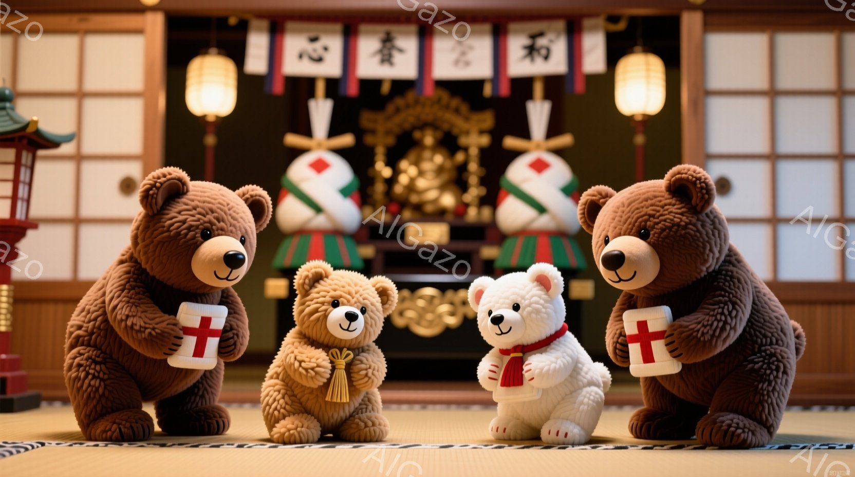 畳の上に並んだ四匹のテディベアが写っています。それぞれのベアは異なる色の着物風の衣装を身につけ、手には白い板に赤い模様が描かれたものを持っています。背景には、伝統的な日本家屋の部屋と、提灯や装飾が飾ら - AI生成フリー素材