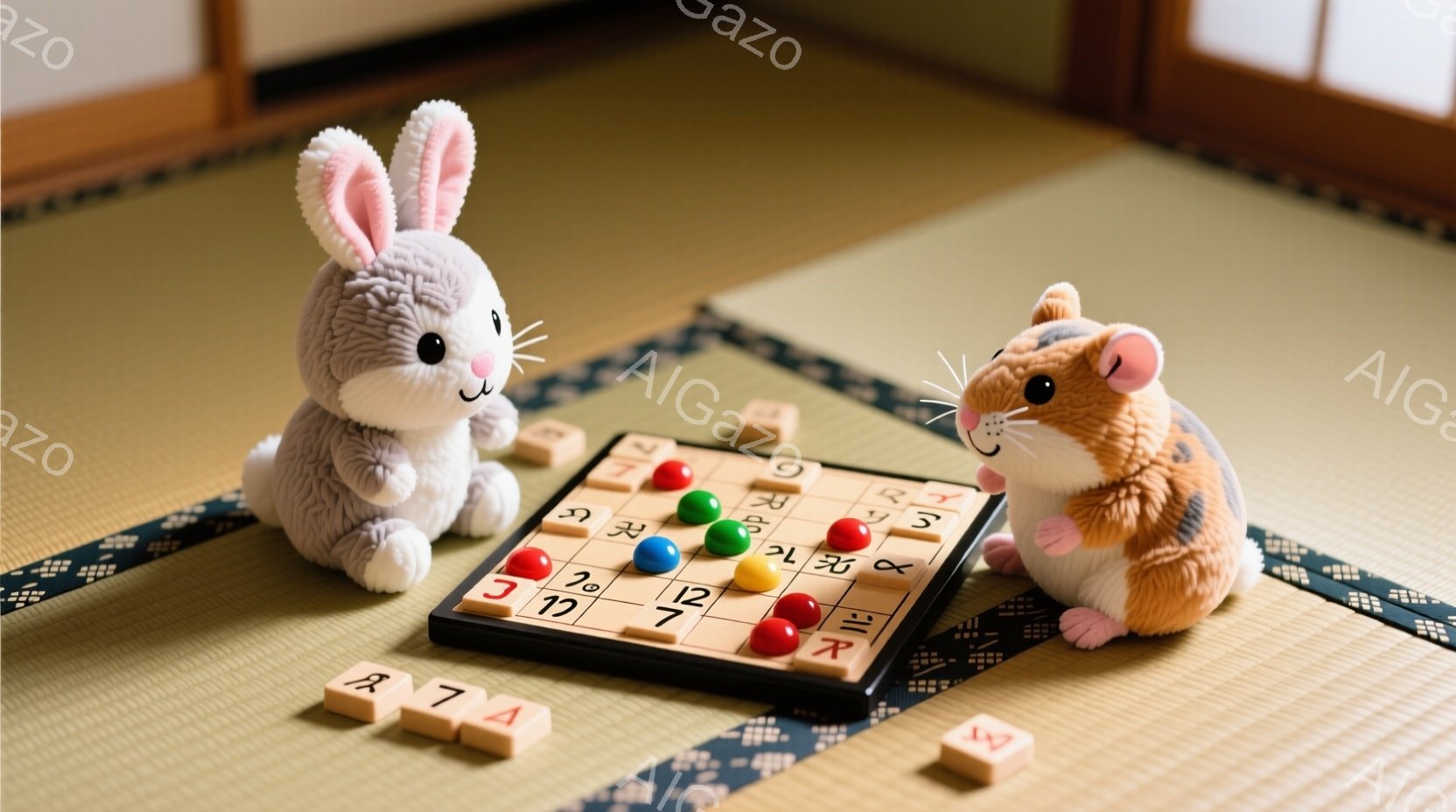 畳の上に、可愛らしいウサギのぬいぐるみとハムスターのぬいぐるみが、囲碁盤を挟んで座っています。囲碁盤の上には、様々な色の石が並べられており、その周りには木製の牌が散らばっています。全体的に温かく、遊び心あふれる雰囲気が漂い、静かな時間を過ごしている様子が伺えます。