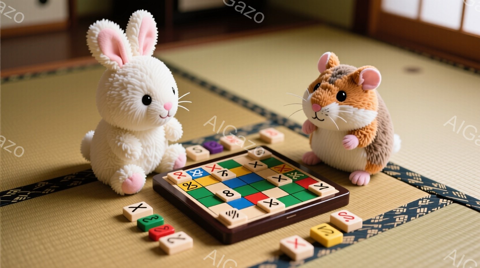 ぬいぐるみである白いウサギと茶色のハムスターが、畳の上に置かれた数字のゲーム盤を前に座っています。ウサギはピンクの耳を立てて前を見つめ、ハムスターは少し顔を傾げ、どちらもゲームに集中しているようです。背景は畳で、ゲームのピースが散らばっており、暖かく穏やかな雰囲気が漂っています。