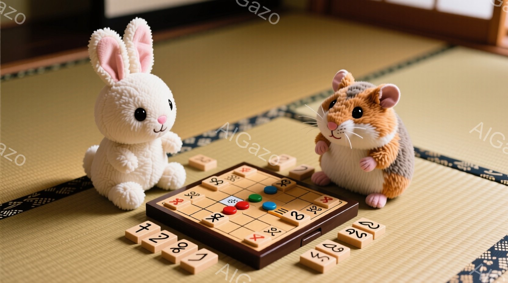 ぬいぐるみであるウサギとハムスターが、囲碁盤を挟んで対戦している様子が描かれている。盤上には黒と白の碁石が配置され、ウサギは少し考え込んでいるような表情、ハムスターは緊張した面持ちで、お互いの手番を待っているようにも見える。背景は畳の床で、静かで穏やかな雰囲気が漂っている。