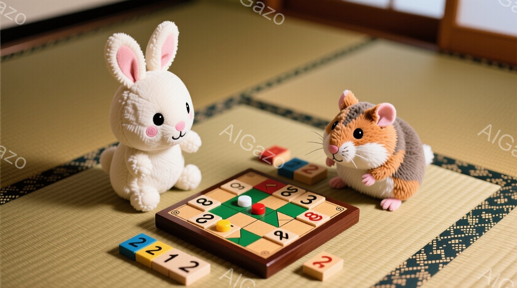 ふわふわの白いウサギと茶色のハムスターが畳の上で、数字が書かれたタイルを使ったゲームをしています。ウサギは左側に座り、ハムスターは右側に座ってタイルを眺めており、どちらも楽しそうな表情をしています。背景は畳の部屋で、ゲームのタイルとウサギとハムスターが可愛らしい雰囲気を醸し出しています。