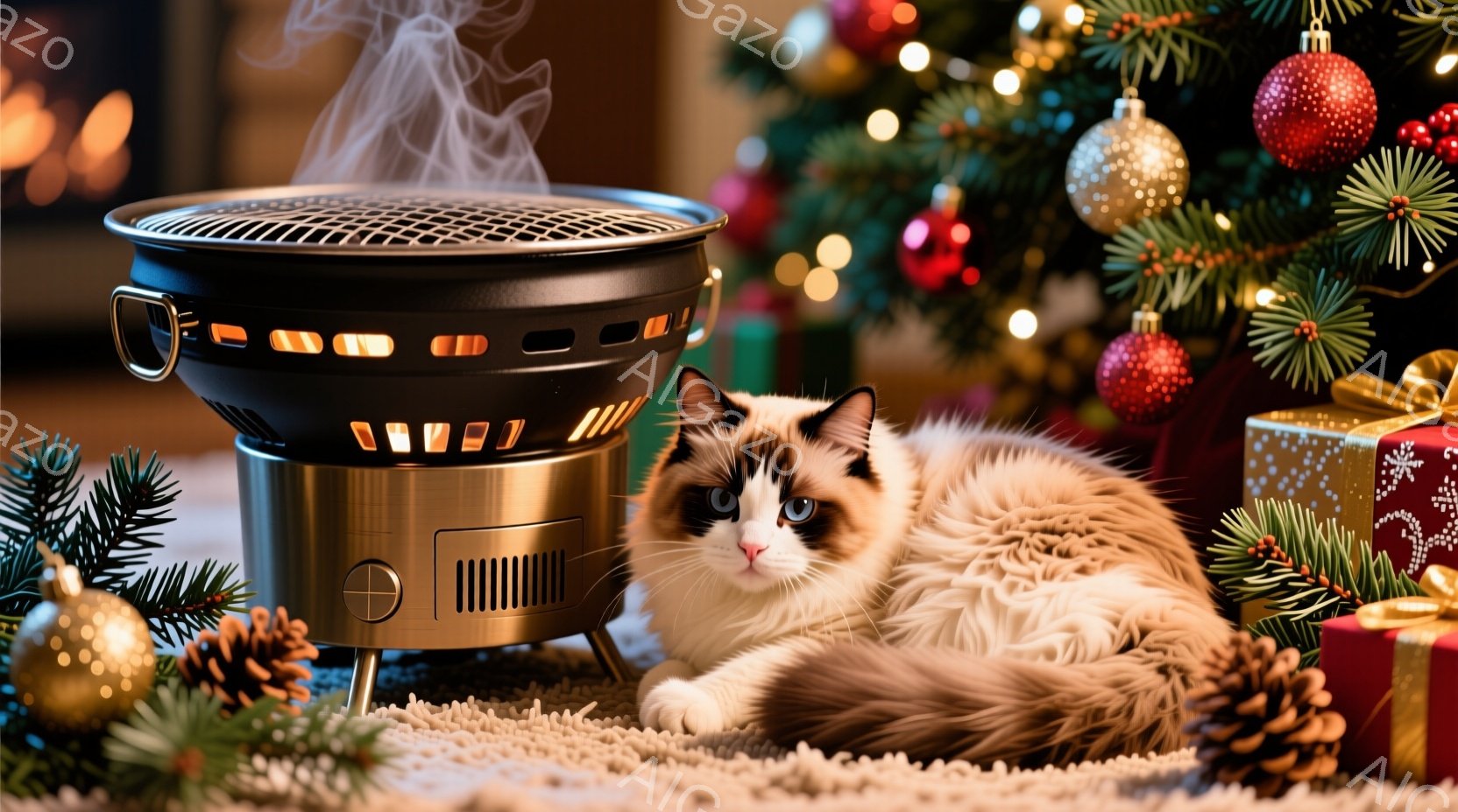 白と茶色のペルシャ猫が、暖炉のように見える小型の電気ストーブの前に丸まって座っています。背景には、クリスマスツリーの飾りやプレゼントの箱が見え、暖かく穏やかな冬の雰囲気が漂っています。猫は穏やかな表情 - AI生成フリー素材