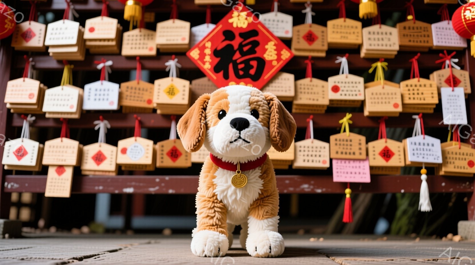 茶色と白の毛並みの犬のぬいぐるみは、赤い首輪をつけて、石畳の道の上に立っています。背景には、漢字の「福」と模様が描かれたたくさんの木製の絵馬が飾られており、緑の植物が見えます。全体的に、お祝いの雰囲気と日本の伝統的な寺院の雰囲気が感じられます。