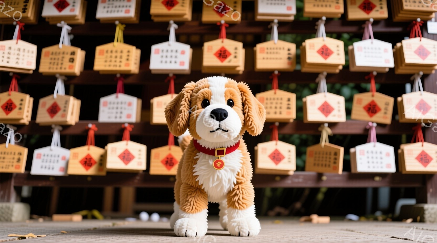 毛並みの良い茶色い犬のぬいぐるみは、赤い首輪をつけて正面を向いています。背景には、文字が書かれた多数の木製の絵馬が並び、寺院や神社の境内のような場所であることがわかります。全体的に、温かく、穏やかな雰囲気が漂っています。