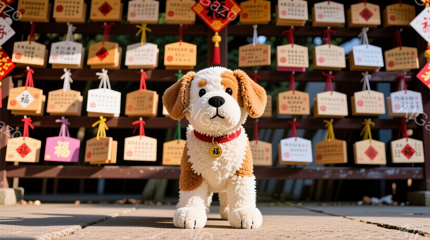 ぬいぐるみ犬が、朱色の絵馬が多数並ぶ神社の前に立っている。犬は茶色と白の毛並みで、首輪には「福」と書かれた飾りが付いている。背景には、屋根の見える神社と、緑豊かな自然が広がっており、全体的に穏やかで、おめでたい雰囲気が漂っている。