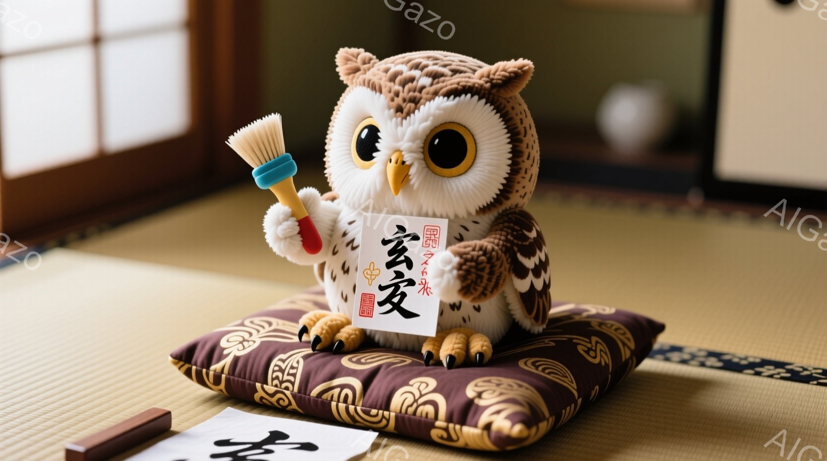 ふわふわとした茶色のフクロウのぬいぐるみは、黄色と茶色の柄のクッションの上に座っています。フクロウは片手に筆を持ち、もう一方の手で「書」と書かれた白い紙を持っています。背景には畳と障子があり、日本の伝統的な雰囲気が漂います。