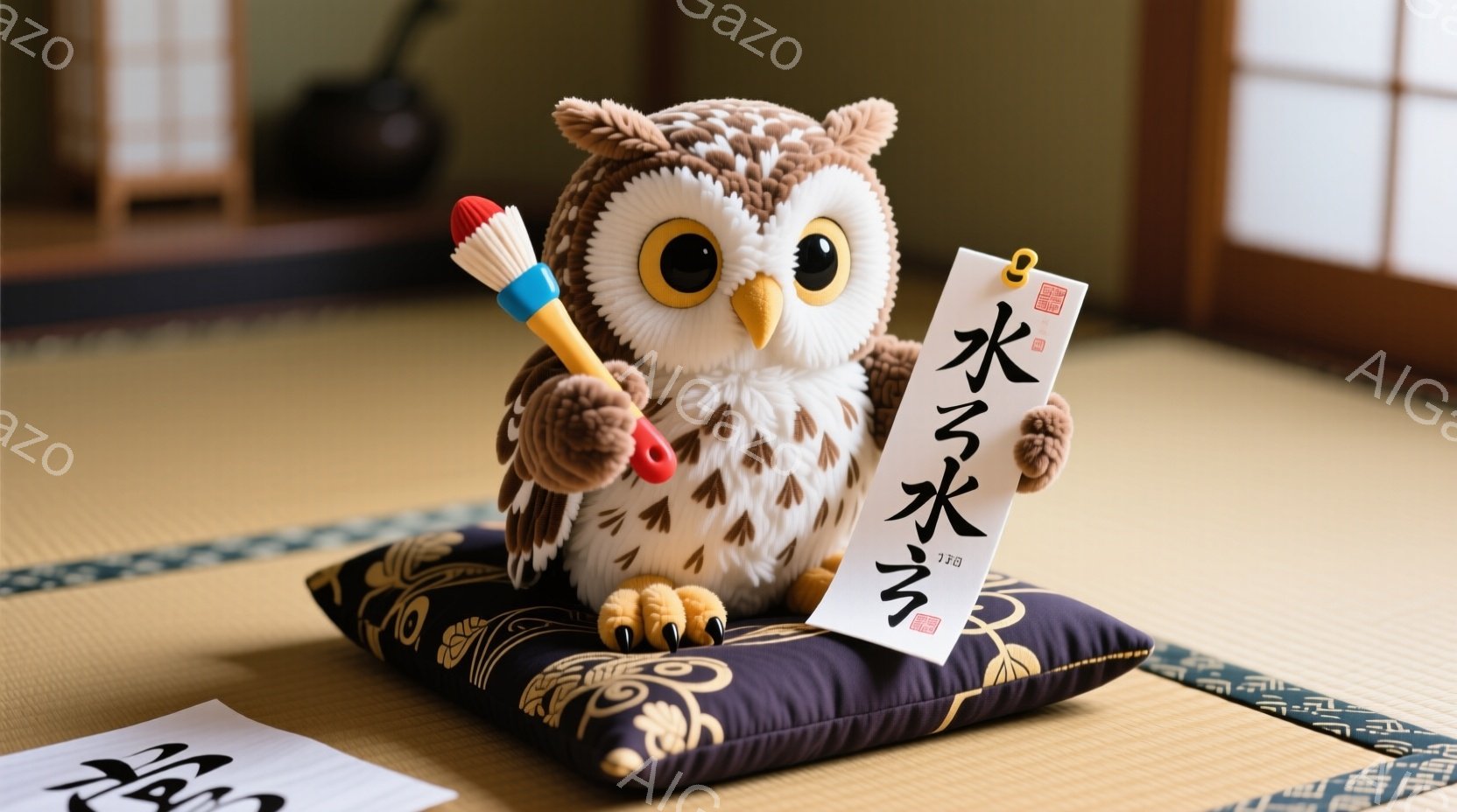 ふわふわした茶色のフクロウのぬいぐるみは、濃い紫色のクッションの上に座っています。右手に筆を持ち、左手には「水」と書かれた巻物を持っています。背景には畳の部屋が広がり、書道の練習をしているような、静か - AI生成フリー素材