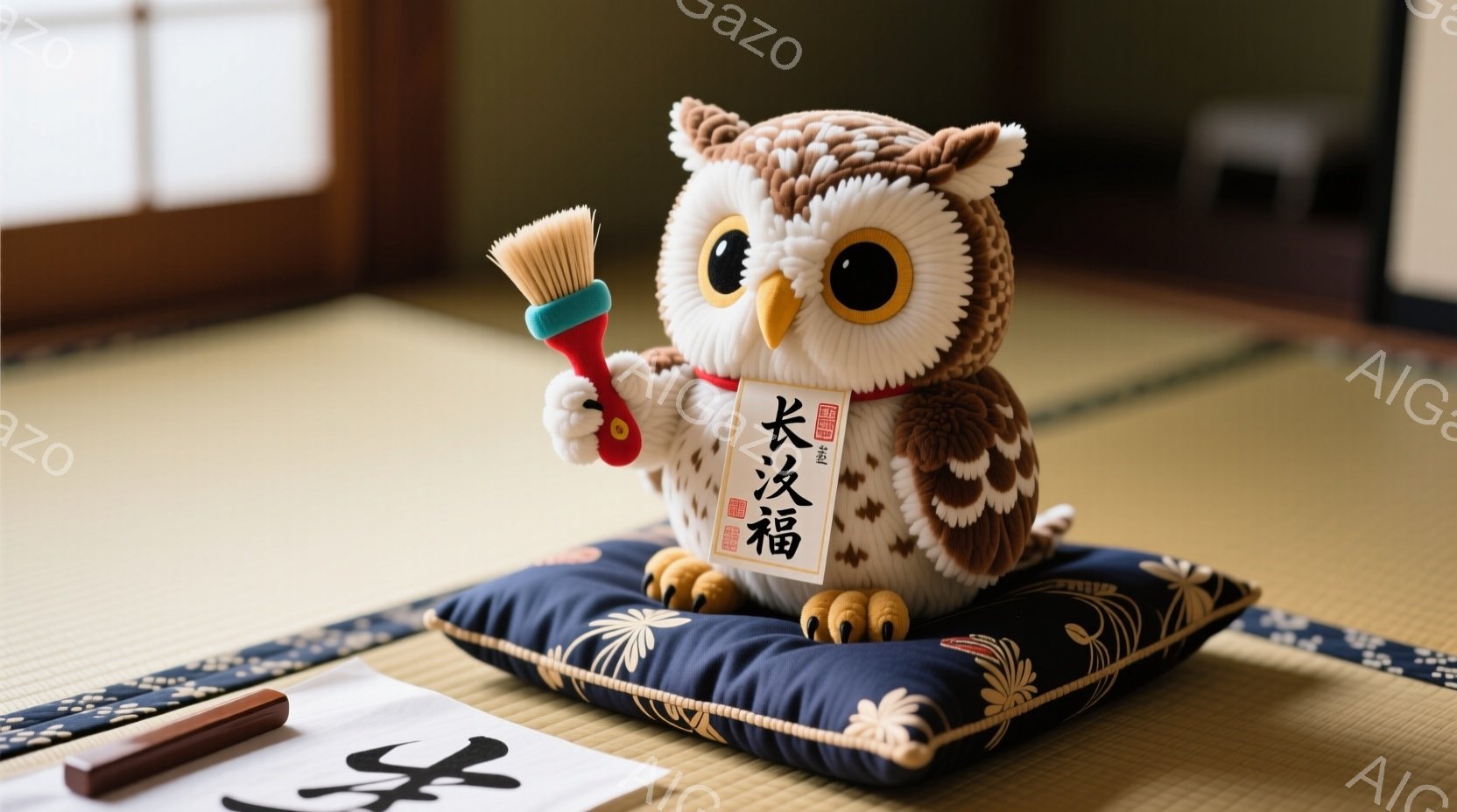 ふわふわとした茶色のフクロウのぬいぐるみは、紺色の座布団の上に座り、片手に筆を持っている。背景には畳の部屋が広がり、筆と墨汁が置かれた白い紙が見える。全体的に、新年の書初めを連想させる、穏やかで温かい - AI生成フリー素材