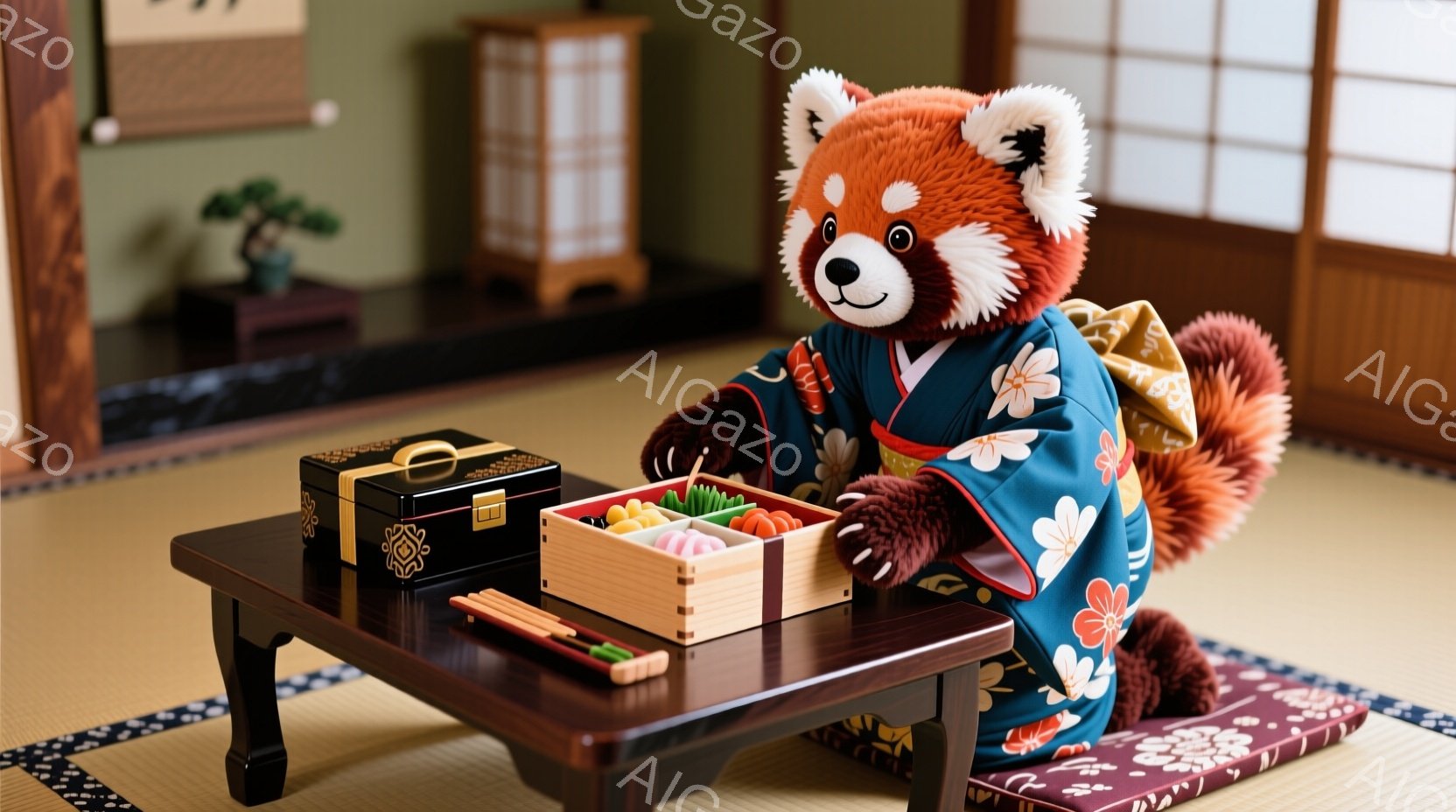 赤いパンダのぬいぐるみは、緑色の花柄の着物を着て、畳の上に座っています。机の上には、色とりどりの和菓子が入ったお菓子箱と、数珠が置かれており、静かで落ち着いた雰囲気を醸し出しています。背景には、障子や盆栽が見え、伝統的な日本の部屋を思わせる空間です。