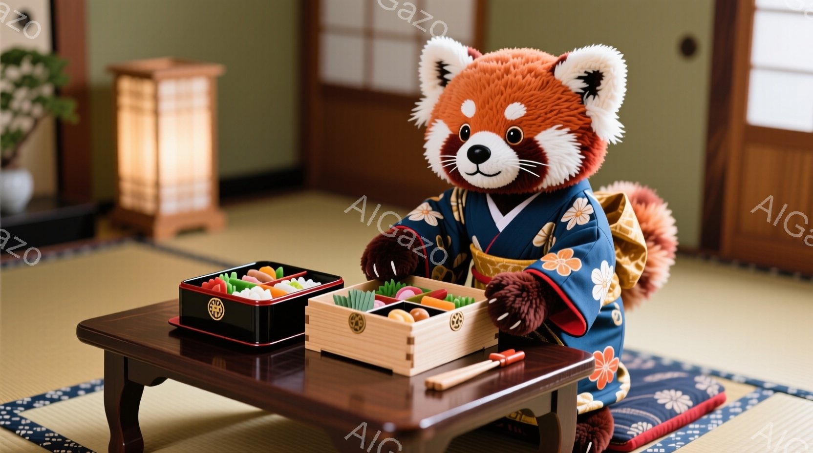 赤いパンダの人形が、日本の伝統的な青色の着物を着て、畳の部屋で座っています。その前には、蓋の開いた二つの弁当箱と箸が置かれており、まるで食事の準備をしているかのようです。背景には木製の低いテーブルと、ぼんやりとした日本の障子戸が見え、静かで落ち着いた雰囲気を醸し出しています。