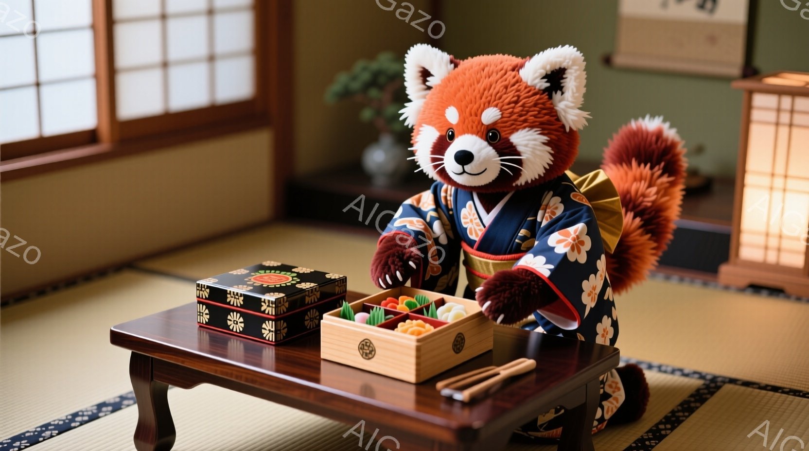 鮮やかな藍色の着物を着たレッサーパンダが、畳の上に置かれた低い卓の前に座っています。卓の上には、美しい和菓子が盛られた木箱と、黒い模様が入った箱が置かれています。背景には障子窓と緑色の壁があり、落ち着いた和の雰囲気が漂っています。