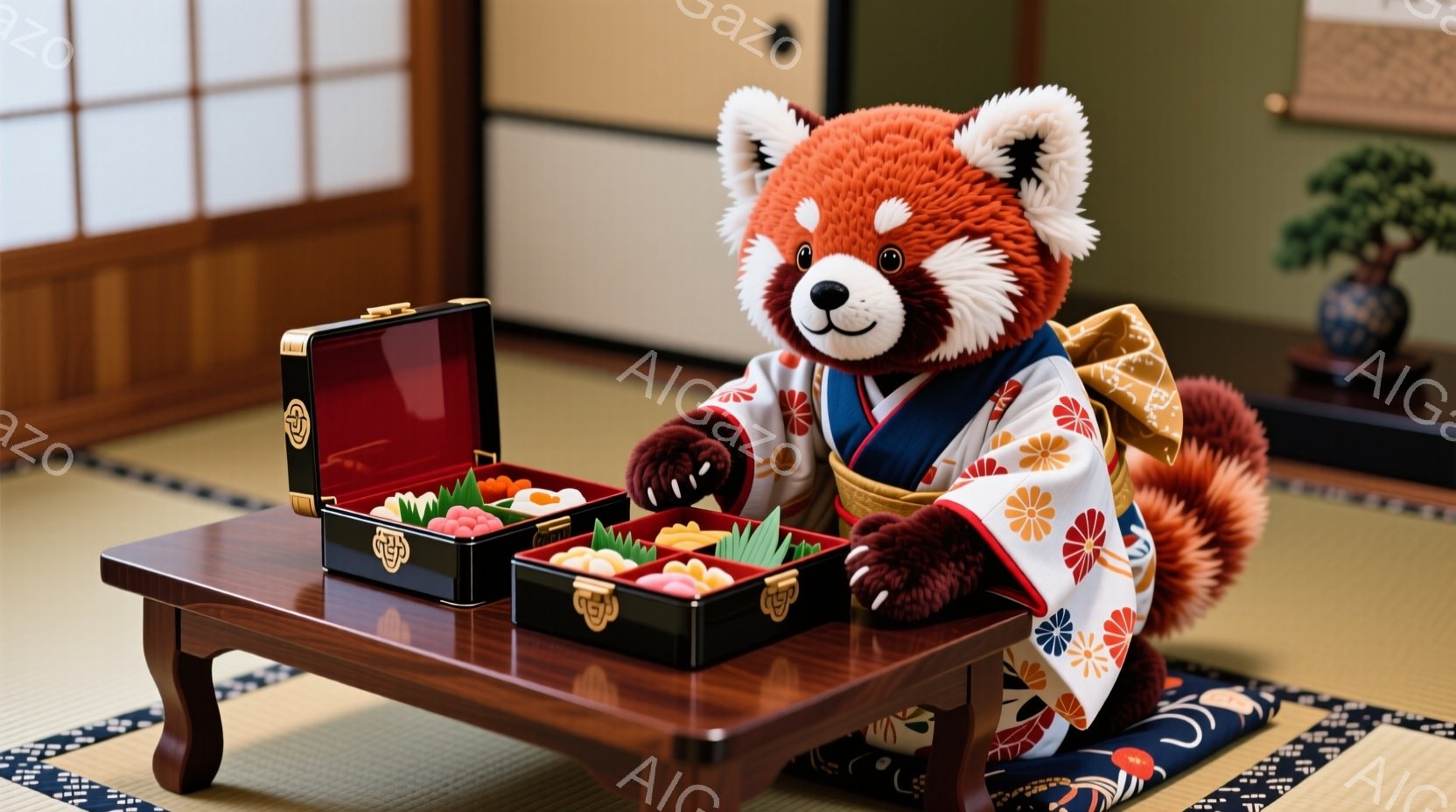 赤いパンダのぬいぐるみは、美しい花柄の着物を着て、小さな座卓の前に座っています。開いた弁当箱には、色とりどりの和菓子が並べられており、まるでひな祭りのお祝いのようです。畳の部屋と背景の緑色の壁が、穏やかで和の雰囲気を醸し出しています。