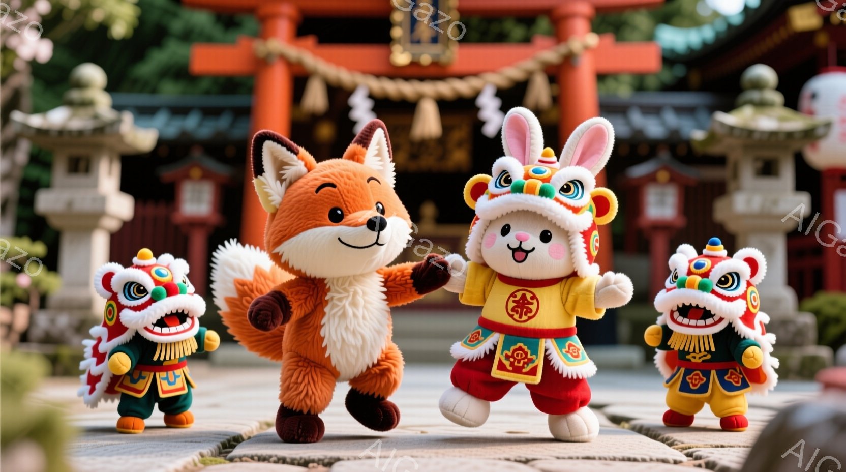 明るい日差しの下、可愛らしい動物たちが並んでいます。中央には赤いちゃんちゃんこを着たウサギ、両脇にはライオン舞の衣装を身につけた動物と、オレンジ色のキツネがいます。背景には朱色の神社の建物と緑豊かな木 - AI生成フリー素材