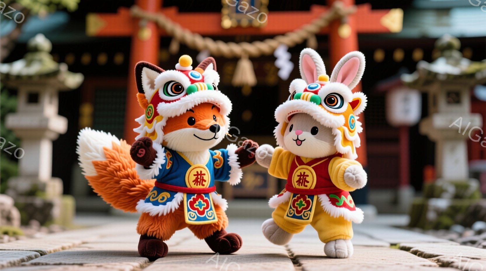 鮮やかな朱色の背景に、狐とウサギの着ぐるみを着たキャラクターが並んで歩いている。キャラクターはそれぞれ伝統的な日本の衣装を身に着け、楽しそうな表情で互いに寄り添いながら、歩を進めている。背景には石灯籠が配置され、歴史ある神社の厳かで落ち着いた雰囲気を醸し出している。