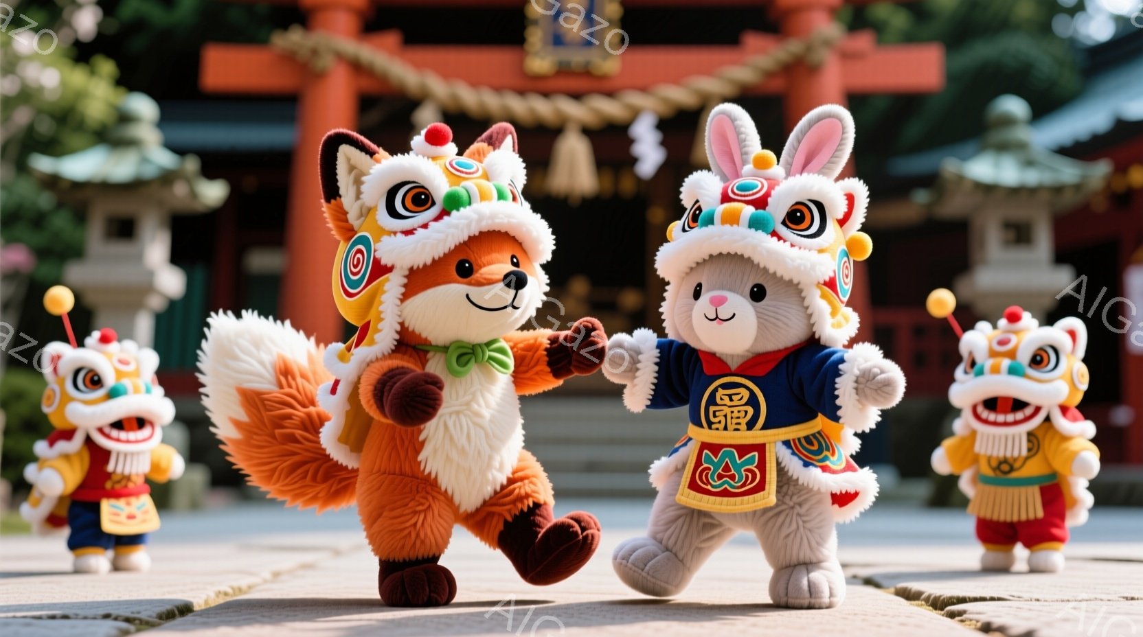 鮮やかなオレンジ色の狐と白いうさぎの着ぐるみが、日本の伝統的な寺院の前で楽しそうに踊っています。両者は中国獅子舞の衣装の一部である頭飾りを身に着け、笑顔で互いに寄り添いながら、活気と祝祭の雰囲気を醸し出しています。背景には、緑豊かな木々と朱色の寺院が見え、晴天の下、明るく陽気な情景が広がっています。
