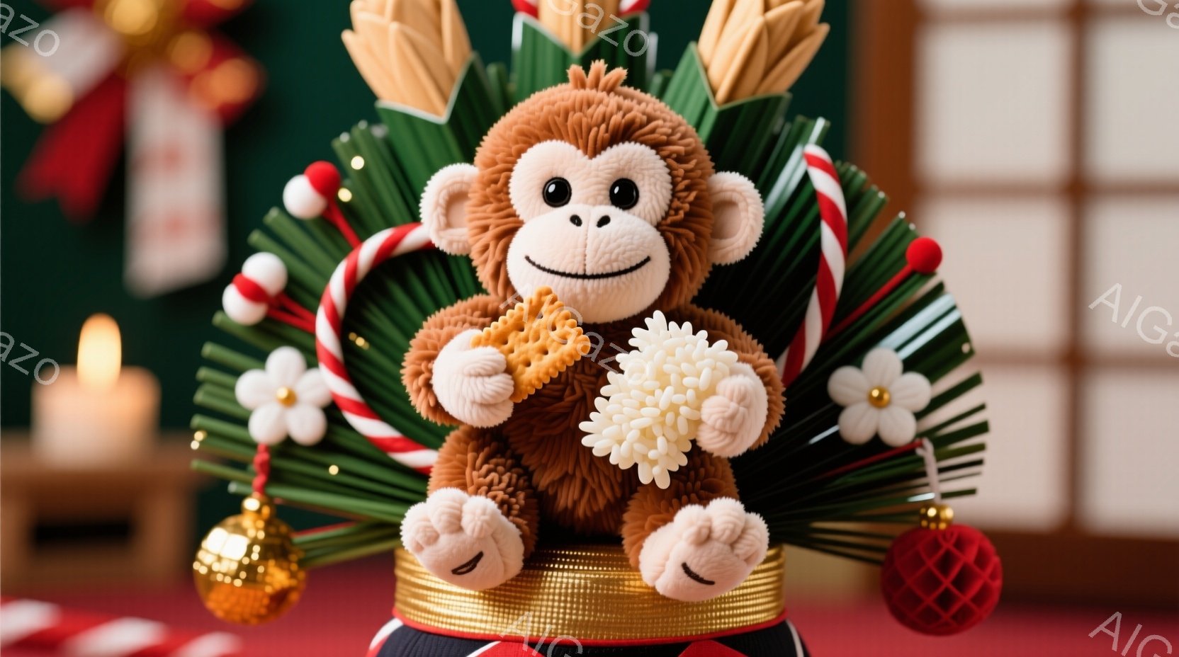 ふわふわの茶色の猿のぬいぐるみが、赤い縞模様と金の縁取りがされた帽子のような装飾の上に座っています。猿は小さなビスケットのようなお菓子を抱えて、幸せそうな笑顔を浮かべており、背景には金色のオーナメントや赤いボール、そしてぼんやりとしたキャンドルと背景の和風の壁が見えます。全体的に、暖かく、お祝いの雰囲気で、お正月の飾り付けの一部のように見えます。