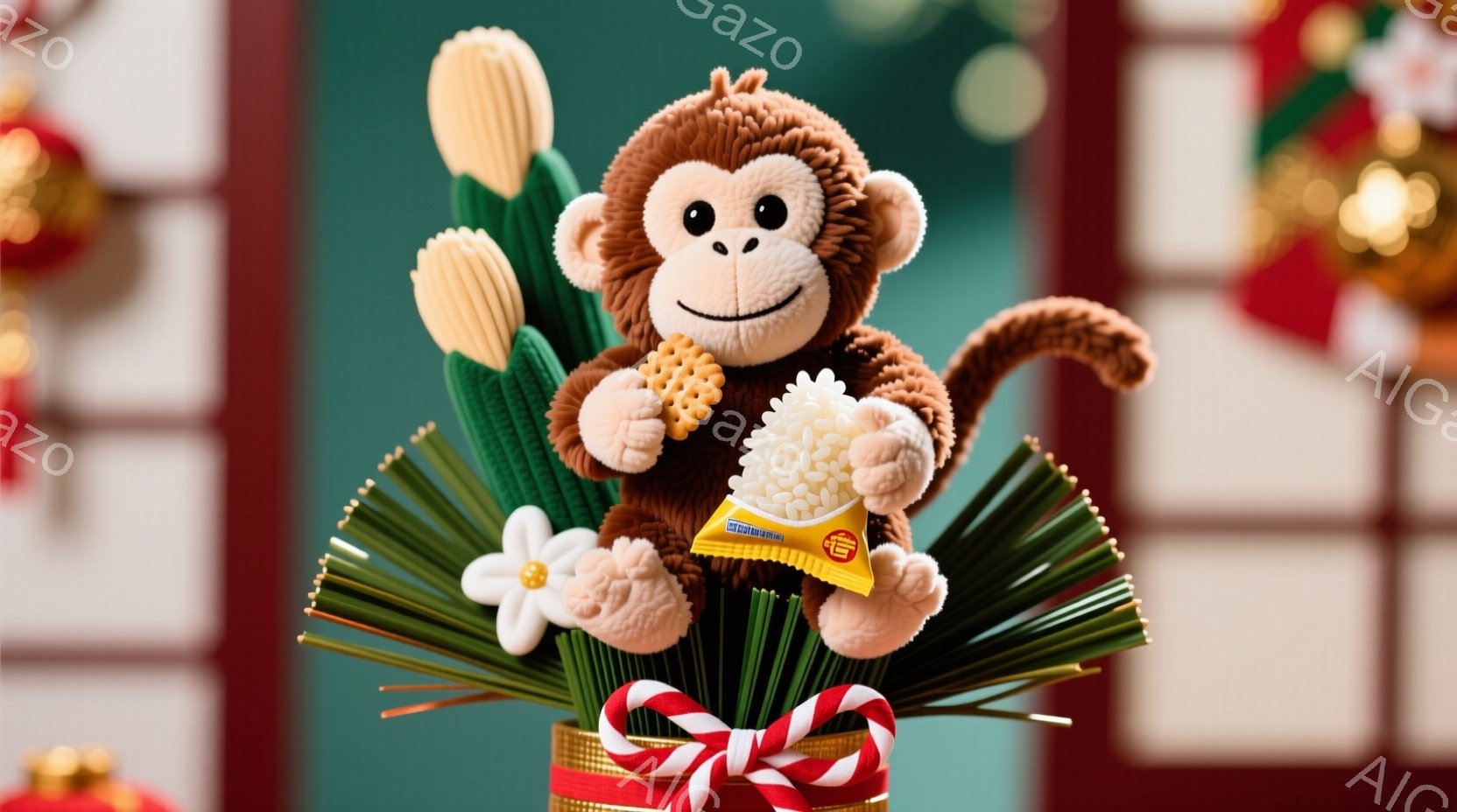 ぬいぐるみのお猿さんが、お正月飾りの中にちょこんと座っています。お猿さんは赤いバンダナをつけており、片手に白くて丸いお団子のようなものを、もう片手で小さな包みを持っています。背景には金色の壺と赤い紐、そしてぼんやりとしたクリスマスの飾りが見え、暖かく、お祝いムードに満ちた雰囲気です。