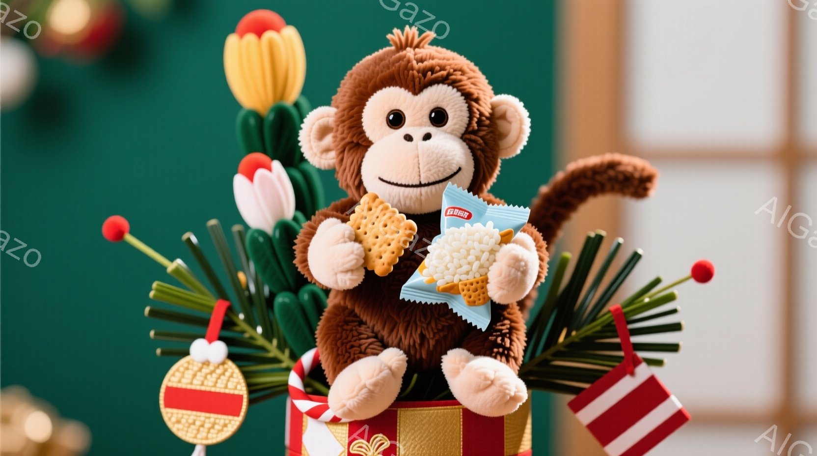 濃い茶色のぬいぐるみのお猿さんが、赤いギフトボックスと緑色の松の葉で飾られた背景に座っています。お猿さんは片手にポテトチップスの袋を持っており、愛らしい表情をしています。背景には金色の飾りや赤い縞模様のリボンがあり、全体的に暖かく、お祝いの雰囲気が漂っています。