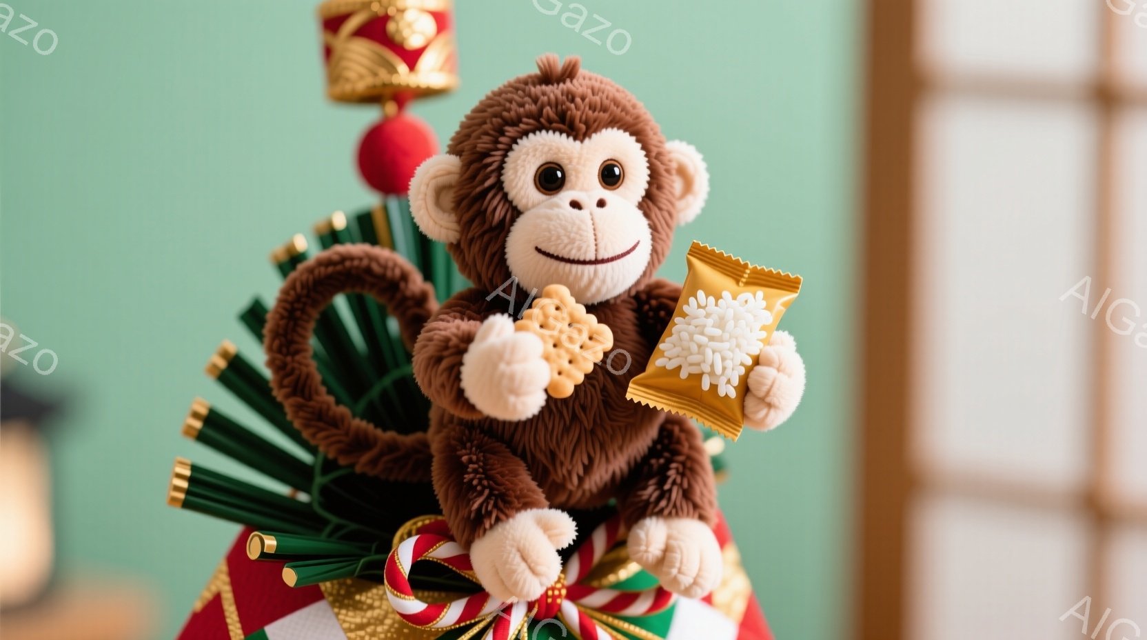 茶色いぬいぐるみのお猿さんが、赤と緑の飾り付けの上に座っています。お猿さんは片手にポテトチップスのようなお菓子を持っており、嬉しそうな表情をしています。背景には薄い緑色の壁と木製の建物の角が見え、お祝いや縁起の良い雰囲気が漂っています。