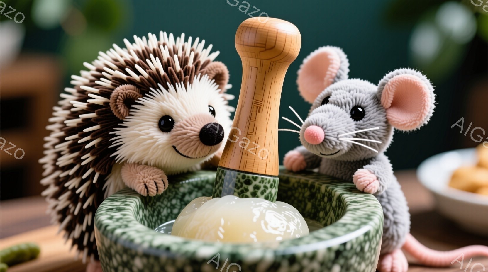 ふわふわのハリネズミとネズミが、緑と白の模様が入った乳鉢とすり鉢で何かを混ぜている様子が描かれています。ハリネズミはピンク色の服を着ており、ネズミは灰色で可愛らしい表情をしています。背景には木製のテーブルと、いくつかの食材が見え、全体的に温かく、ほのぼのとした雰囲気です。