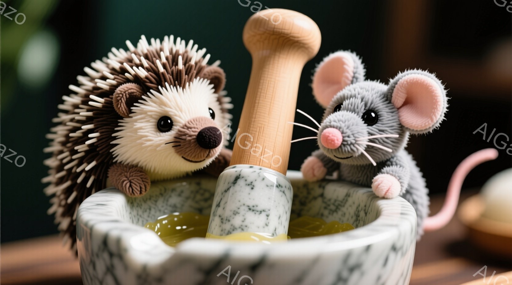 モルタルの中にいるハリネズミとネズミのおもちゃが写っています。ハリネズミはモルタルの縁に寄りかかり、ネズミはモルタルの内側で姿勢を正し、両方とも可愛らしい表情をしています。モルタルの中には黄色い液体があり、木製の乳鉢が立っており、背景は暗い木製のテーブルで、全体的に温かく愛らしい雰囲気が漂っています。