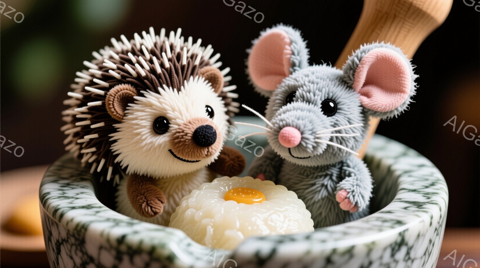 ぬいぐるみのはりねずみとねずみが、お風呂のような器の中に座っています。はりねずみは茶色と白の毛並みで、ねずみはグレーの毛並みで、どちらも可愛らしい表情をしています。器の中には湯気が立ち上る白くて丸いものが一つあり、温泉のような温かい雰囲気が漂っています。