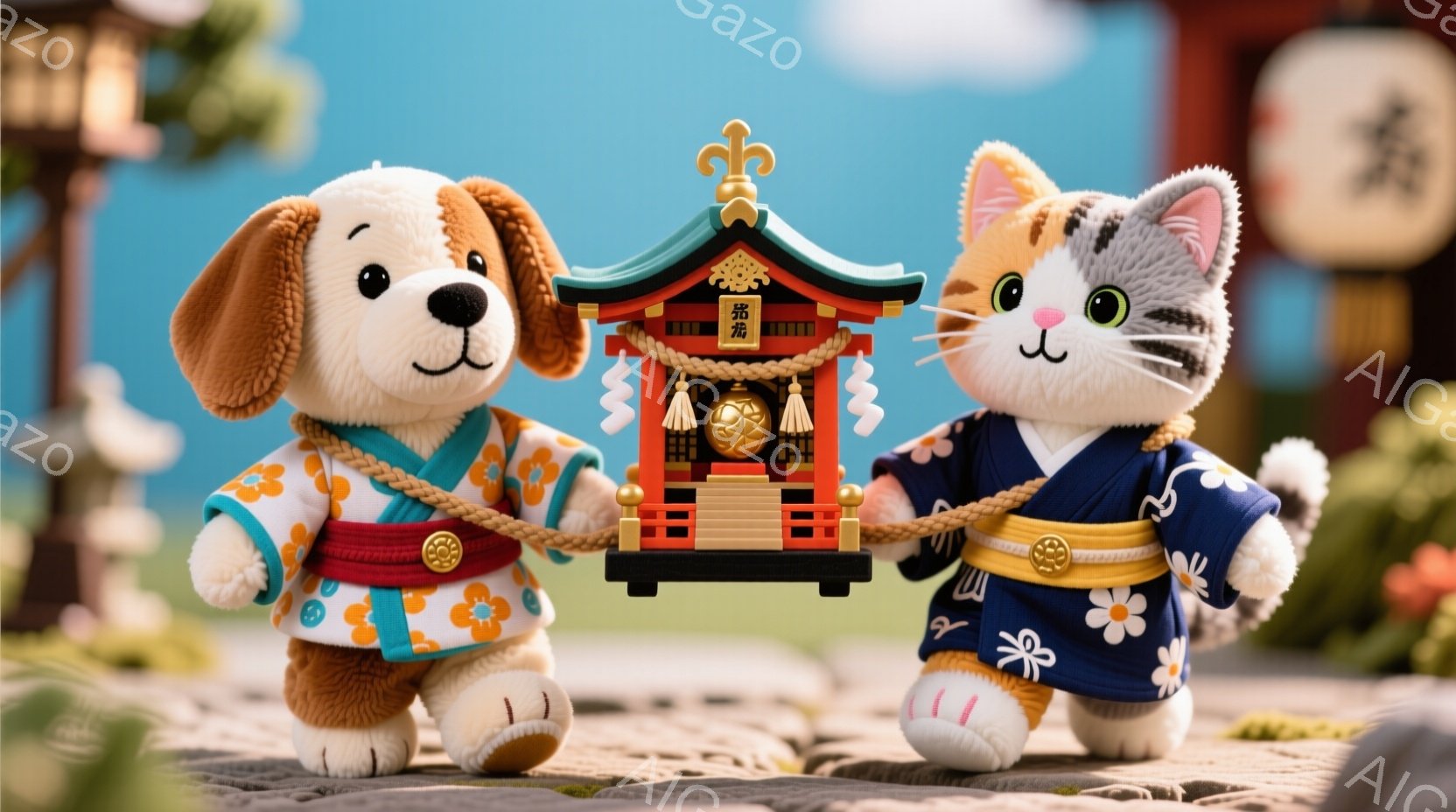 ぬいぐるみで作られた犬と猫が、小さな赤い神社を綱で引っ張って歩いています。犬はオレンジとクリーム色の着物を着ており、猫は青地に白い花柄の着物姿です。背景には石畳の道、提灯、そして緑豊かな植物が見え、お - AI生成フリー素材