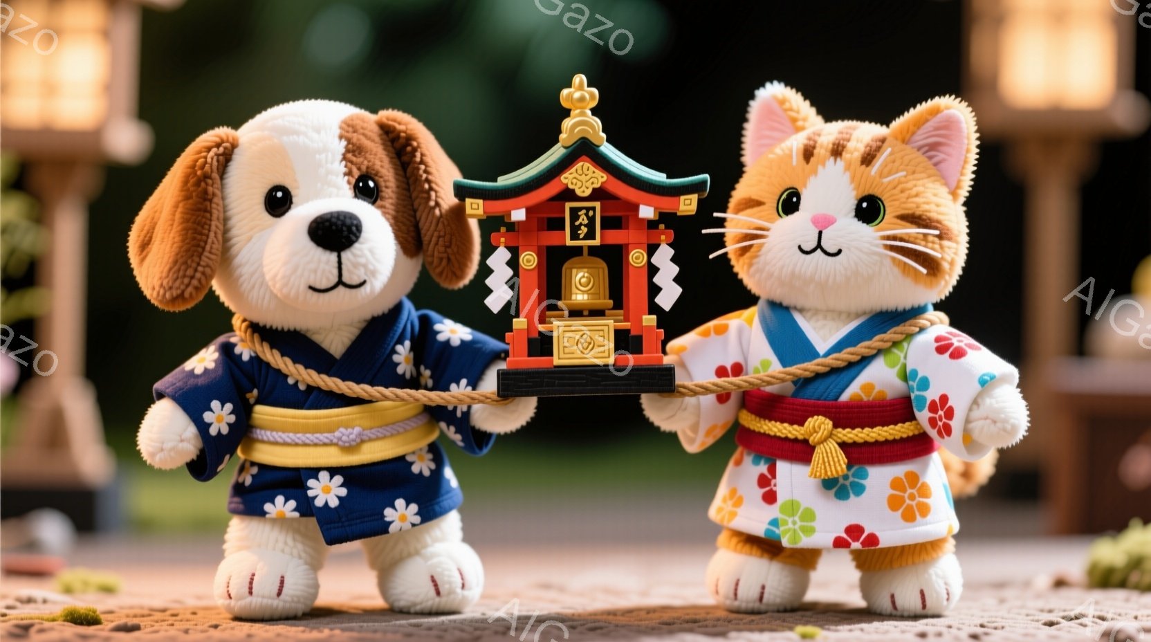 茶色い犬とオレンジ色の猫が、赤い屋台のようなものをロープで協力して引っ張っています。犬は青地に白い花が描かれた着物、猫は白地にオレンジ色の花が描かれた着物を着ており、共に赤い帯で結ばれています。背景に - AI生成フリー素材