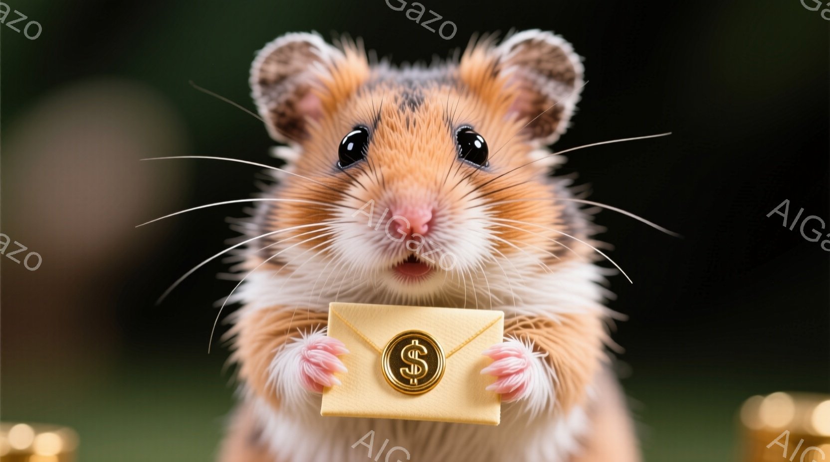 リスのような小さな動物が、金色のエンボス加工が施された封筒を両手で抱えています。その表情は驚きと喜びが入り混じったようで、大きな黒い瞳が観る者を惹きつけます。背景には緑の芝生と金色のぼかしがあり、動物を中心とした鮮やかなコントラストが印象的です。