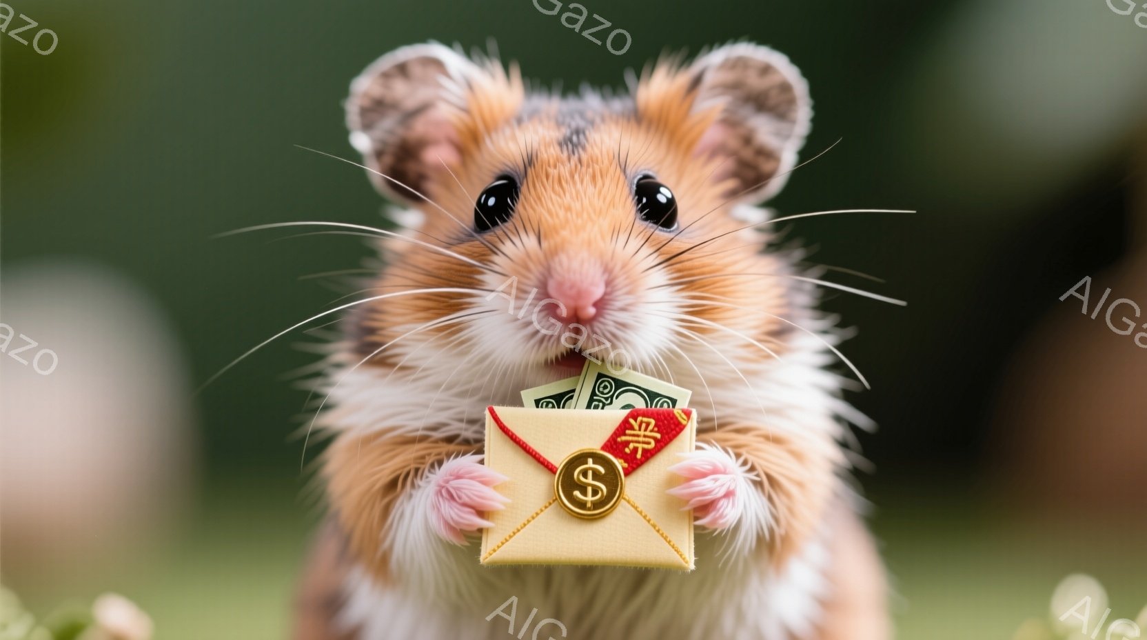 ふわふわの毛並みを持つハムスターが、小さな金色の封筒を両手で握りしめています。封筒にはドル札が少し覗いており、赤い紐で結ばれています。背景は緑色の草むらで、ハムスターは正面を見ており、つぶらな瞳が可愛らしい印象を与えます。