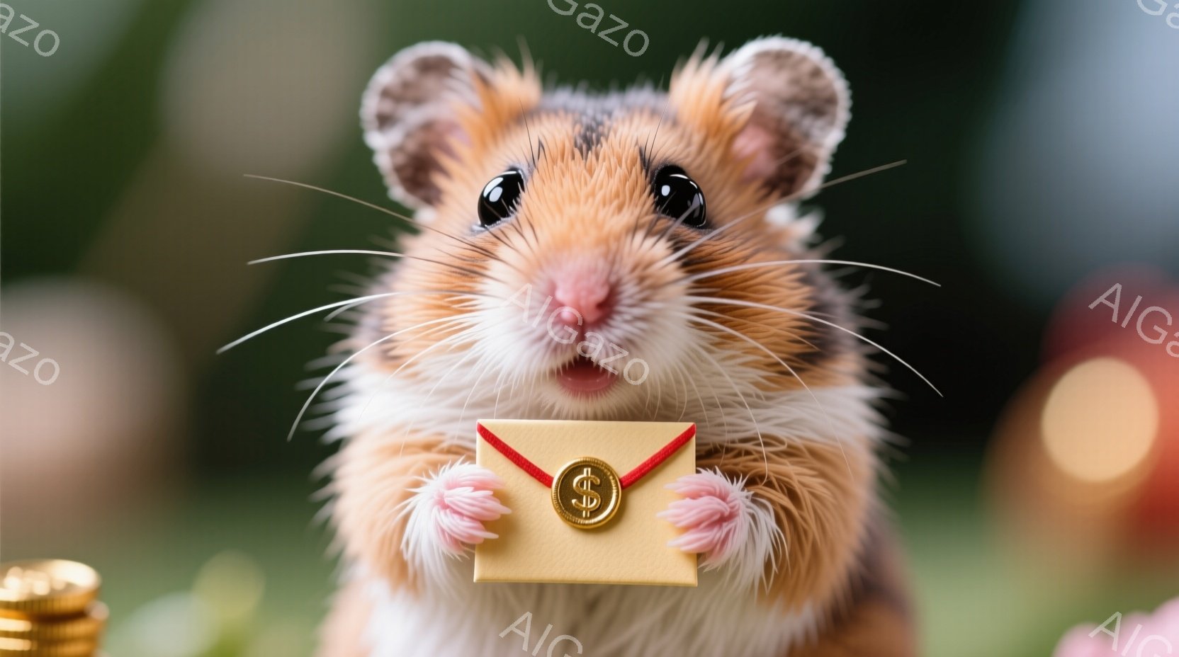 ハムスターが金色封筒を両手で抱えています。その表情は嬉しそうで、目を大きく開けて微笑んでいます。背景には金色のコインの山と緑色のぼかしがあり、全体的に明るく、遊び心のある雰囲気が漂っています。