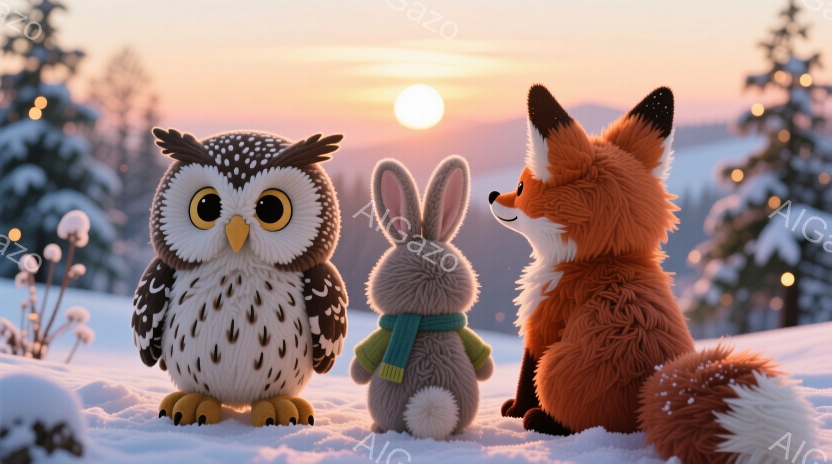 雪景色の中に、フクロウ、ウサギ、キツネが並んで立っています。フクロウは大きな目でまっすぐ前を見つめ、ウサギは緑色のマフラーを巻いており、キツネは背を丸めてどこかを見つめているようです。背景には雪に覆わ - AI生成フリー素材
