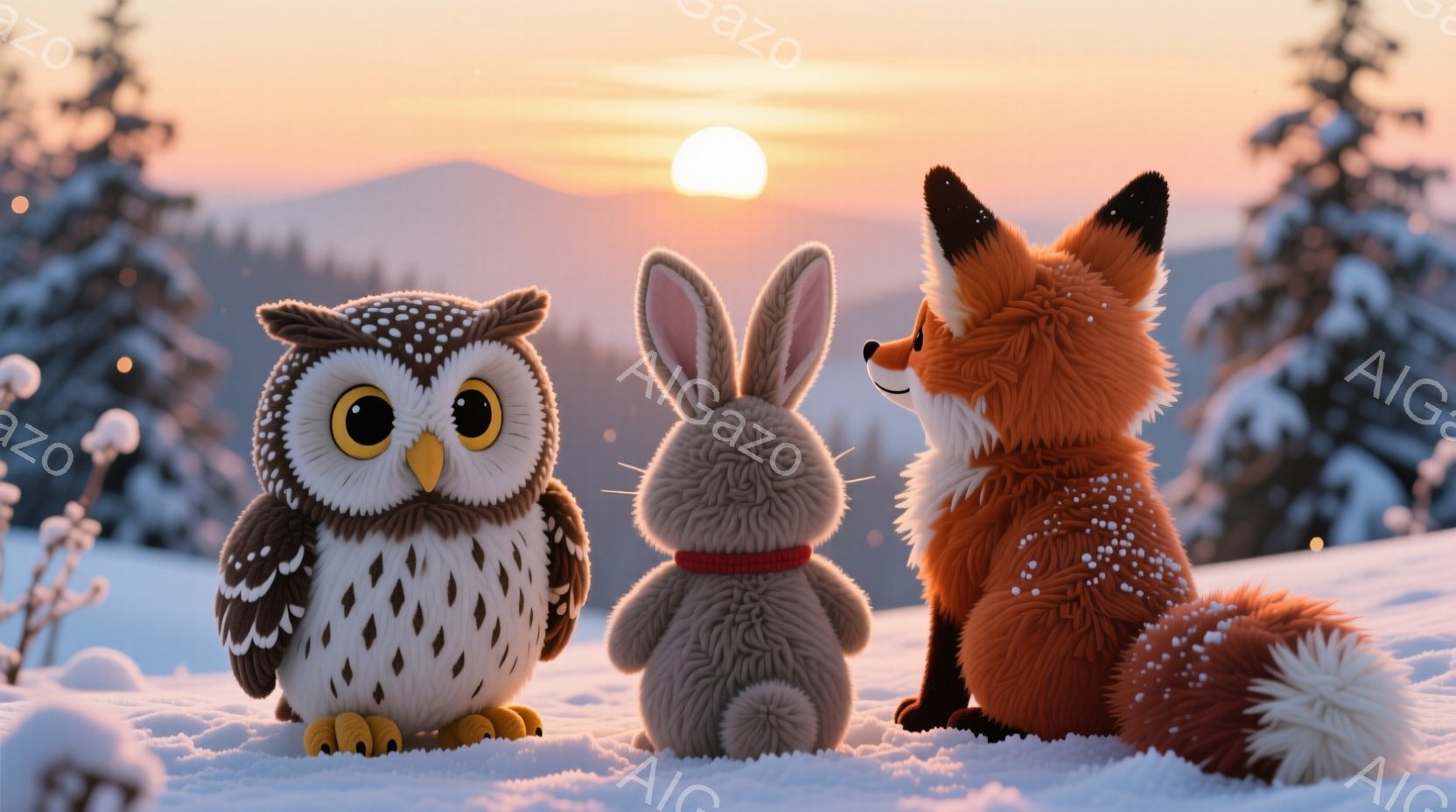 雪景色の中に、フクロウ、ウサギ、キツネが寄り添って座っています。フクロウは丸い目をしており、ウサギは赤いセーターを着ています。背景には雪をまとった木々と、夕焼けのようなオレンジ色の空が広がっています。 - AI生成フリー素材