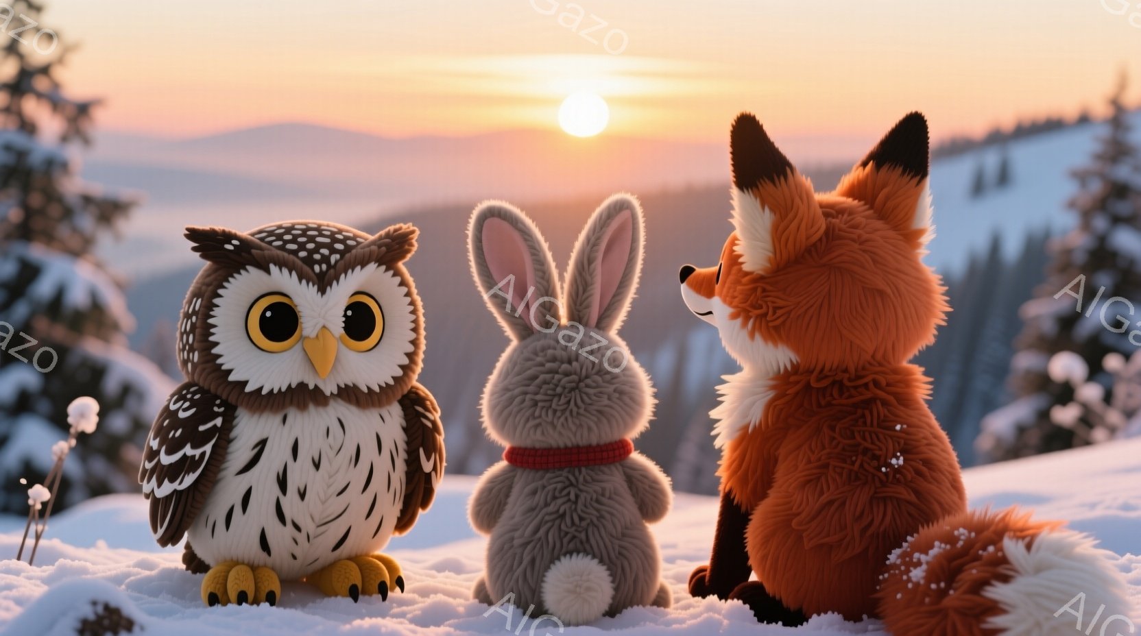 雪景色の中に、フクロウ、ウサギ、キツネが並んで立っている。フクロウは丸い目で見つめ、ウサギは赤いマフラーを巻いている。背景には夕焼け空と雪をまとった木々が広がり、静かで穏やかな雰囲気を醸し出している。 - AI生成フリー素材
