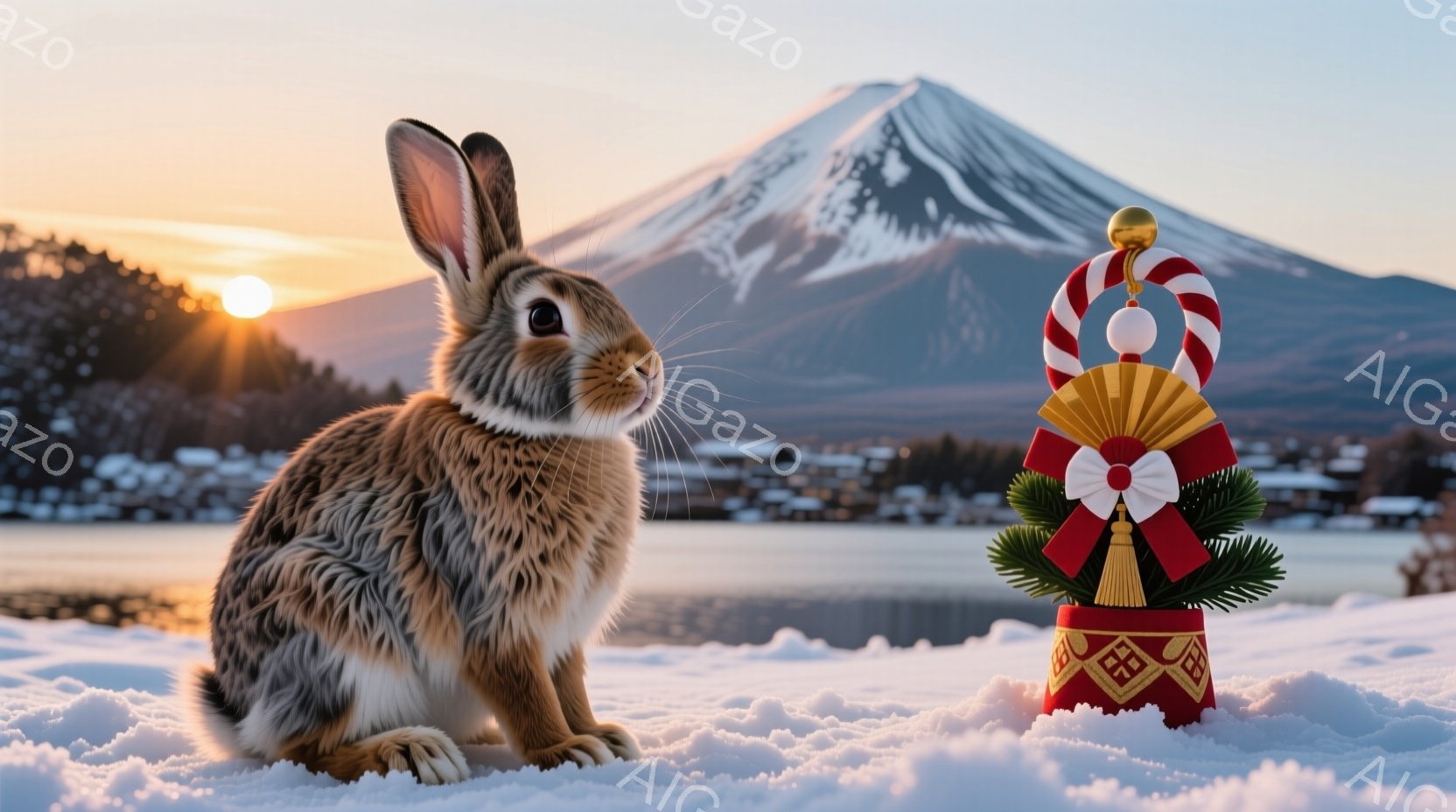 雪の上に座る茶色のウサギが写っています。ウサギは正面を見ており、表情は穏やかです。背景には富士山と湖が広がり、夕焼け空が美しい光景を作り出しています。ウサギの隣には、お正月飾りである門松が置かれています。