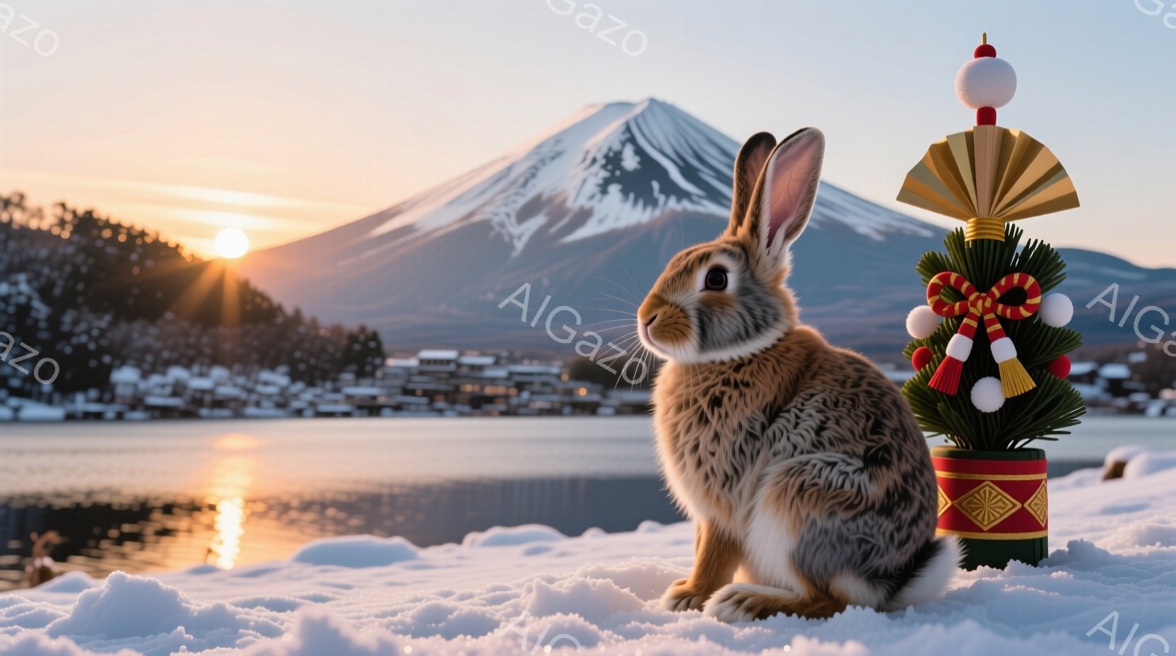 雪景色の中で、茶色のウサギが小さなクリスマスツリーの横に座っています。背景には富士山が夕日に照らされ、湖面にその姿が映り込んでいます。ウサギは前を向き、少し警戒した表情で、冬の穏やかな雰囲気を醸し出し - AI生成フリー素材