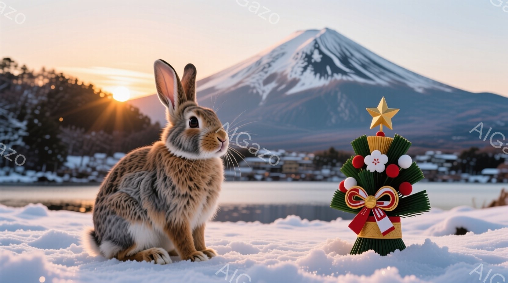 白い雪の上に、毛並みの美しい茶色の野ウサギが座っています。背景には、夕焼けに照らされた富士山と湖、そして遠くに見える建物が広がっています。ウサギの隣には、日本の伝統的な飾りで作られた小さなクリスマスツ - AI生成フリー素材