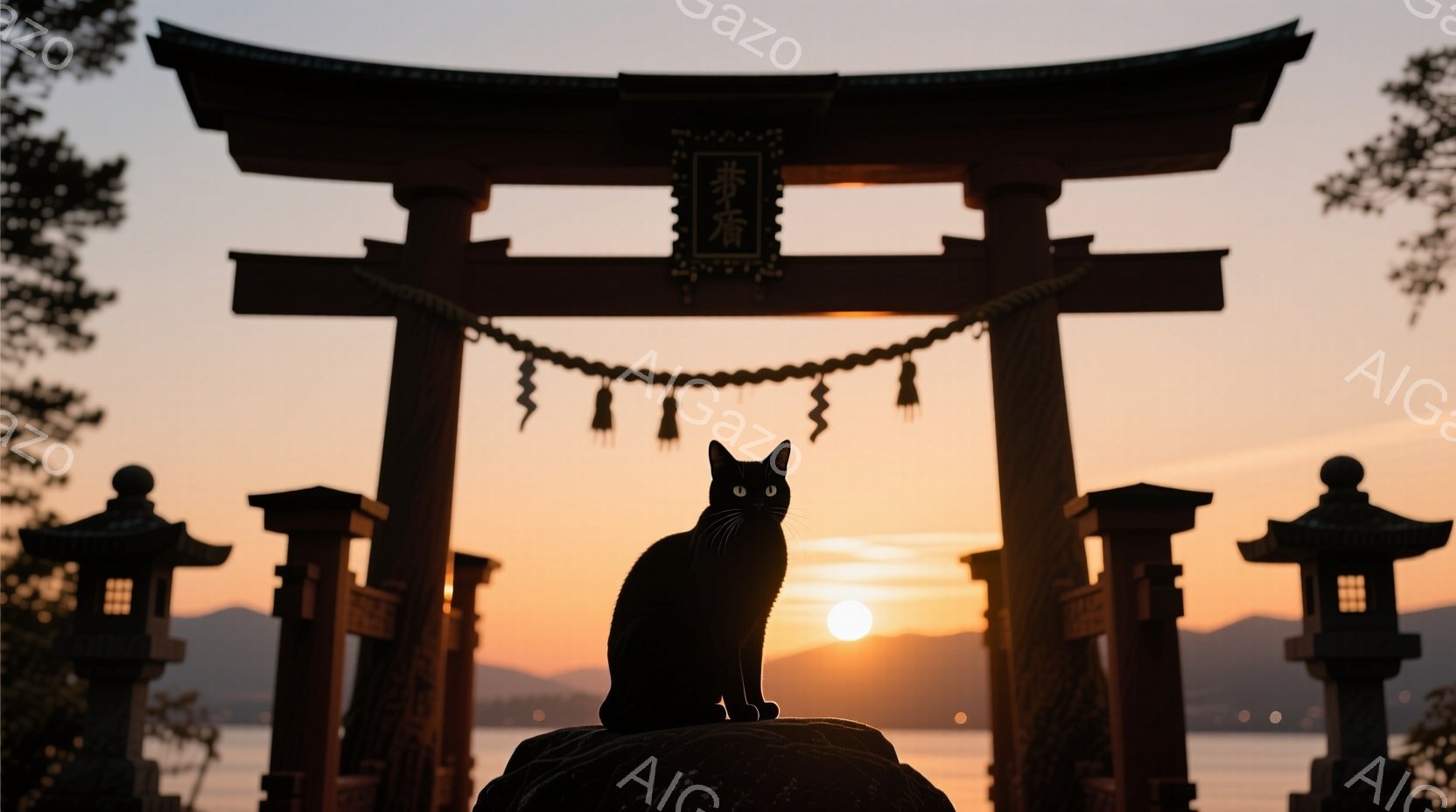 太陽が沈む夕暮れ時に、鳥居を背景に黒猫がシルエットで描かれている。猫は石台の上に座り、遠くを見つめるような姿勢で、静寂な雰囲気を醸し出している。背景には穏やかな湖とぼんやりとした山々が見え、全体的に幻想的で平和な印象を与える。