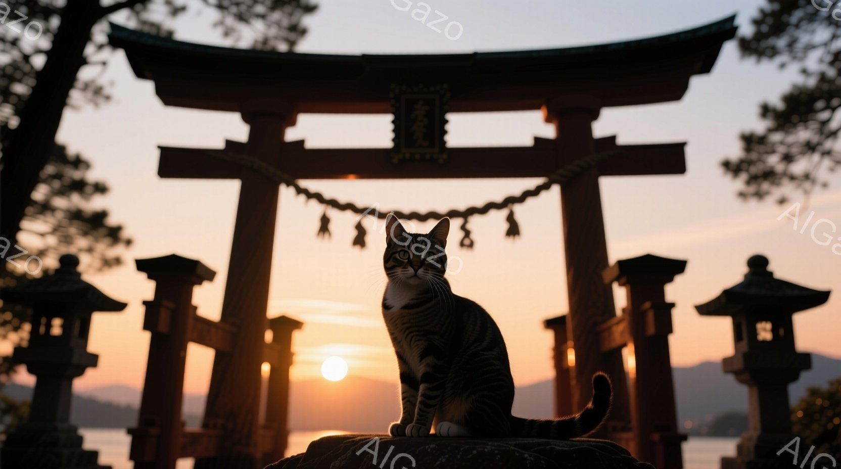 日没時の鳥居を背景に、縞模様の猫が石の台座に座って正面を見つめている。空はオレンジ色に染まり、遠くには山並みと水面が見える。猫はリラックスした様子で、静かで神秘的な雰囲気を醸し出している。