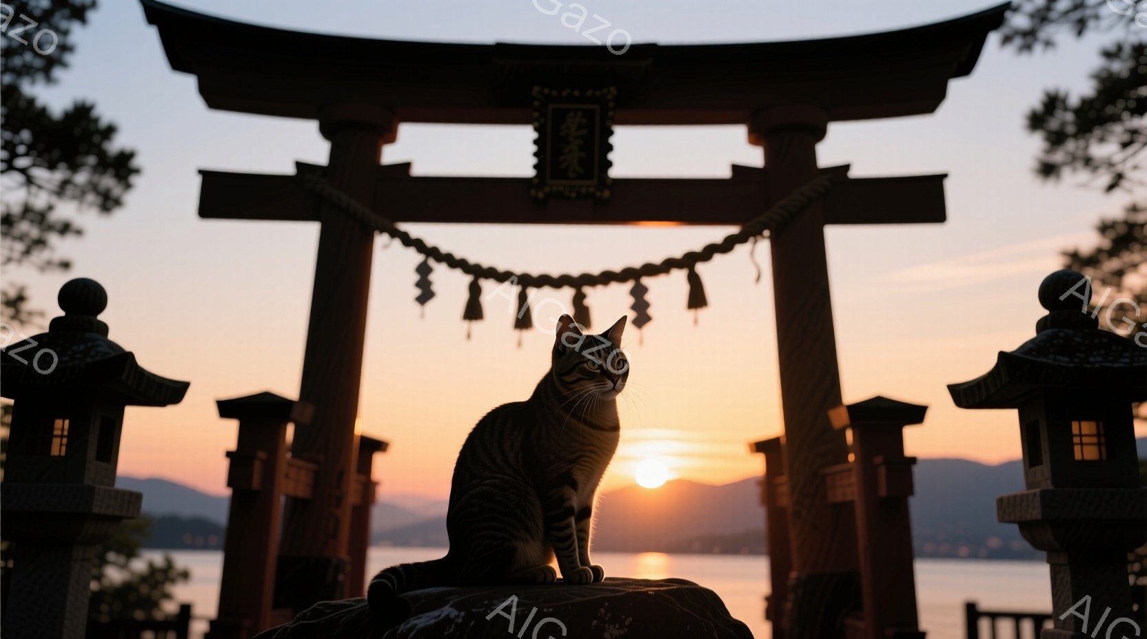 朱色の鳥居が夕焼けを背景にそびえ立ち、その上に縞模様の猫が堂々と座っている。猫は前方をまっすぐ見つめ、凛とした表情を浮かべている。背景には穏やかな湖と、遠くの山々がぼんやりと見え、静かで神秘的な雰囲気 - AI生成フリー素材